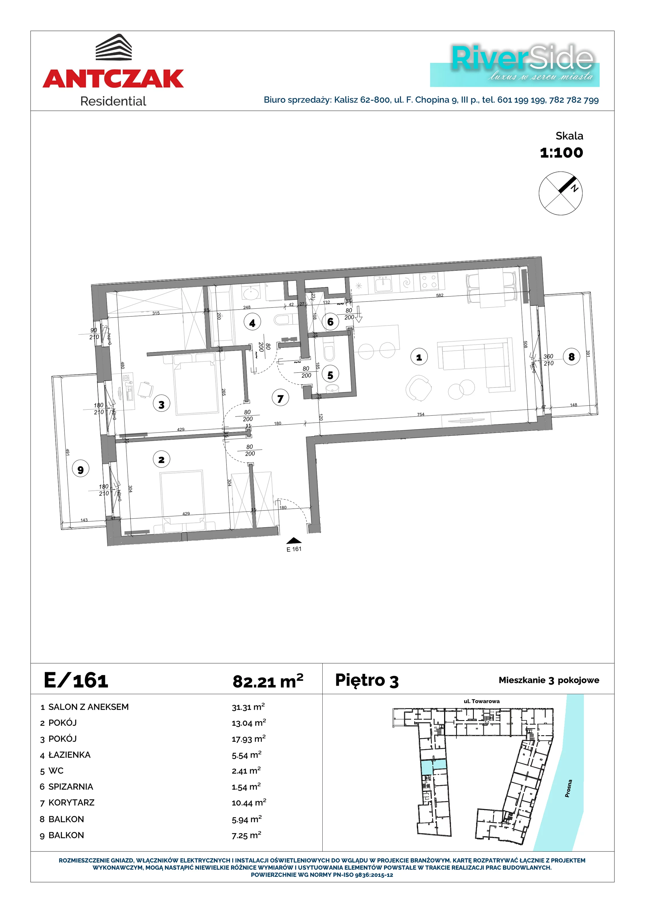 Mieszkanie 82,21 m², piętro 3, oferta nr 161, RiverSide, Kalisz, ul. Towarowa 2