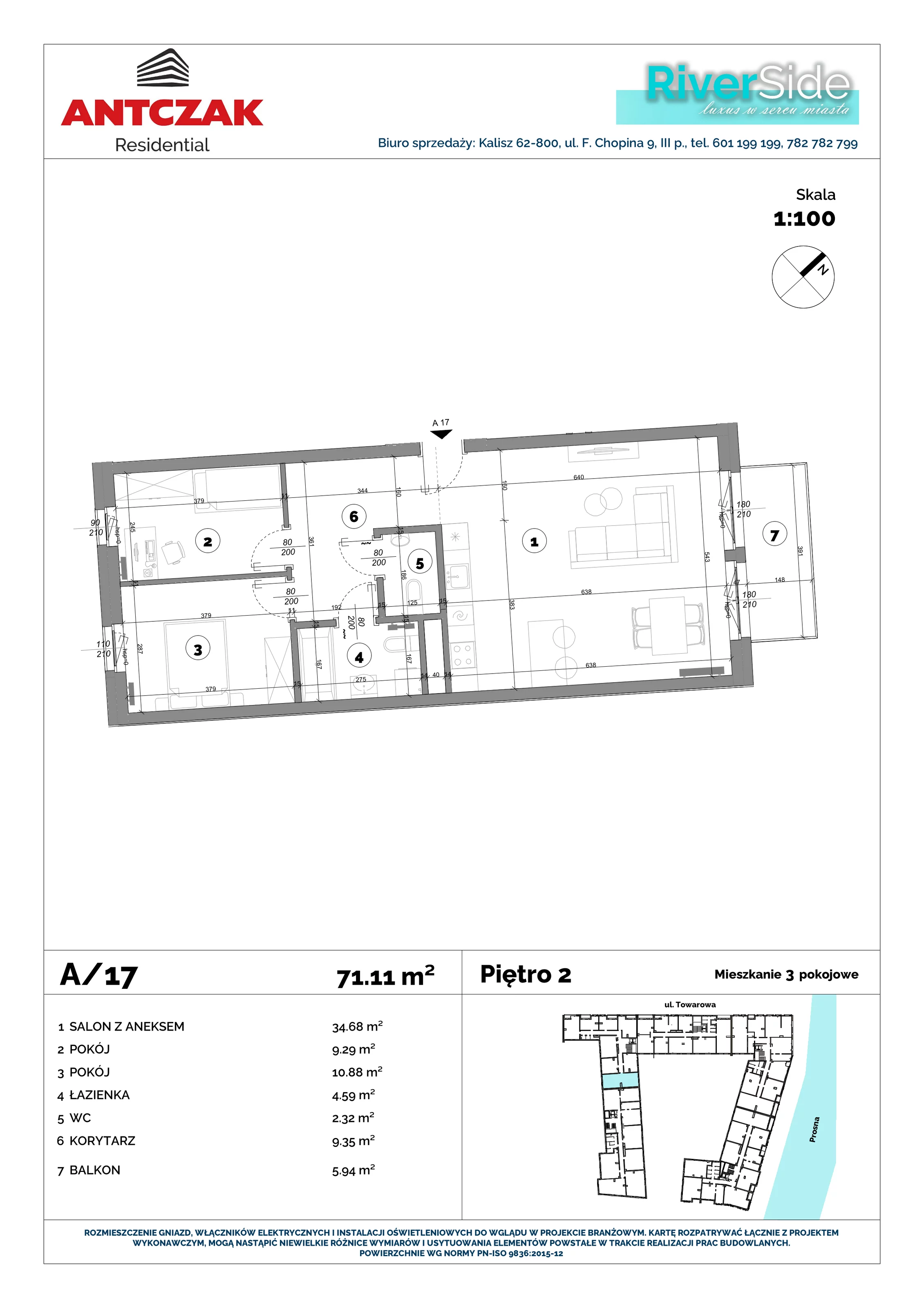 Mieszkanie 71,11 m², piętro 1, oferta nr 17, RiverSide, Kalisz, ul. Towarowa 2