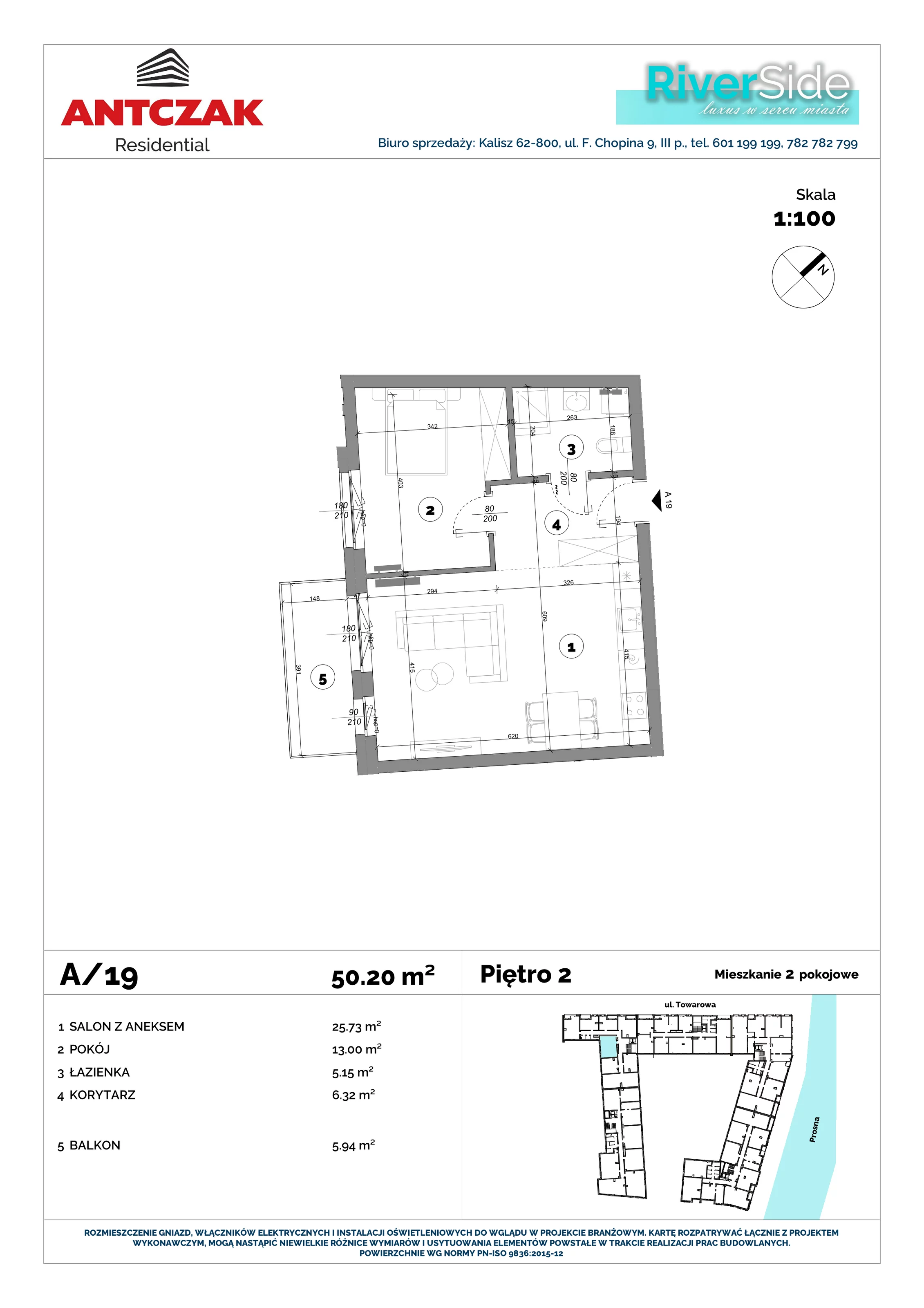 Mieszkanie 50,20 m², piętro 1, oferta nr 19, RiverSide, Kalisz, ul. Towarowa 2