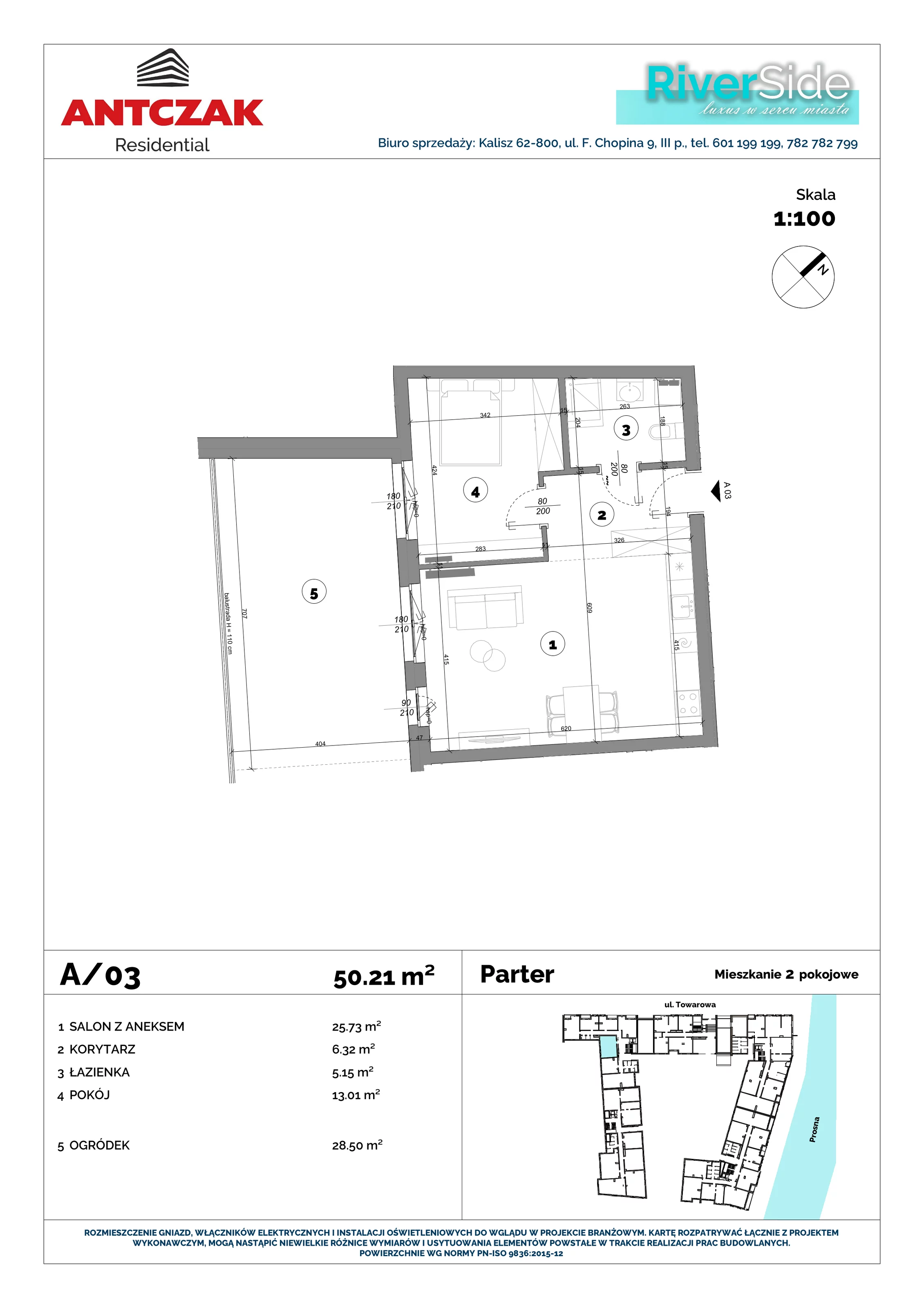 Mieszkanie 50,21 m², parter, oferta nr 3, RiverSide, Kalisz, ul. Towarowa 2