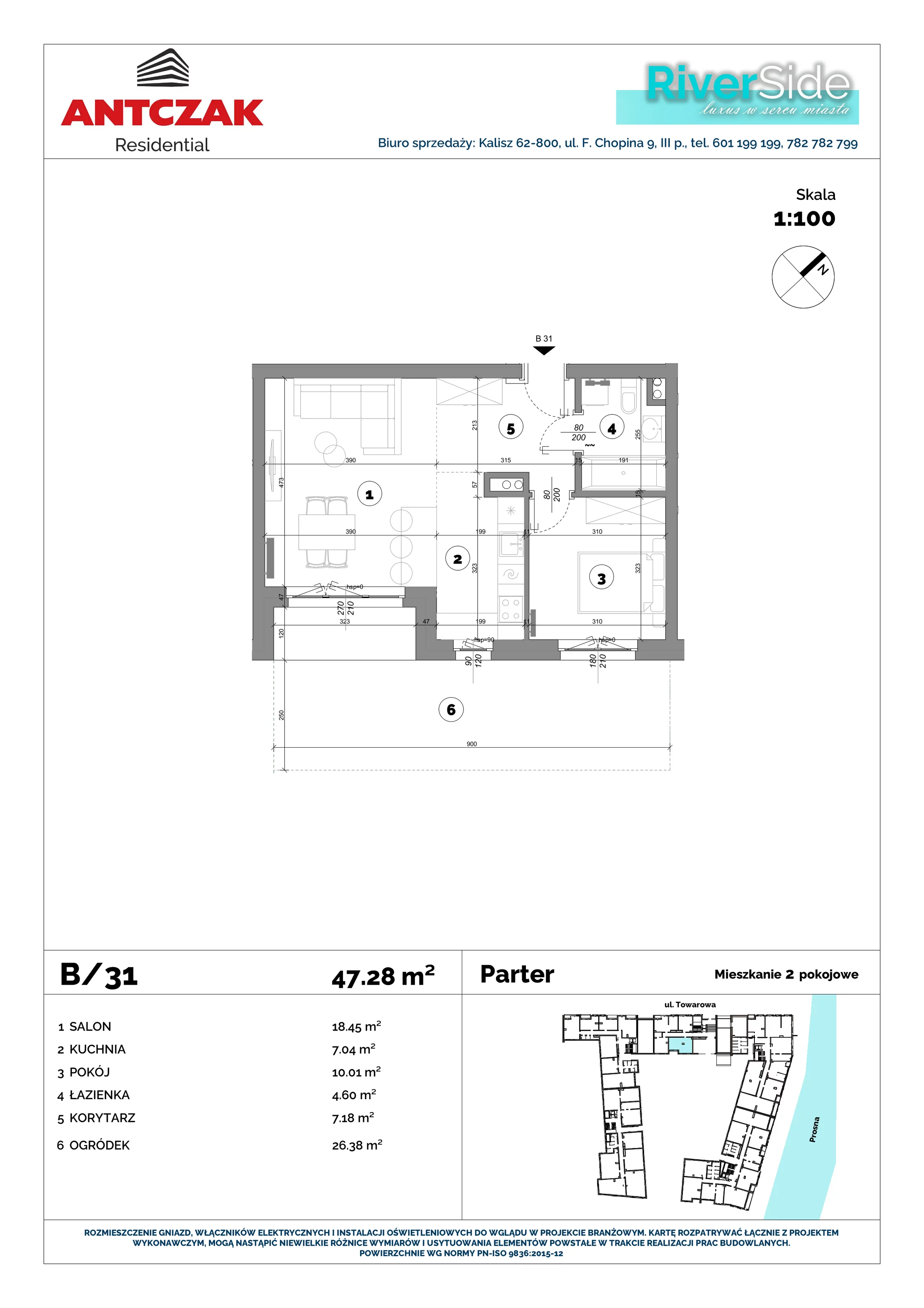 Mieszkanie 47,28 m², parter, oferta nr 31, RiverSide, Kalisz, ul. Towarowa 2