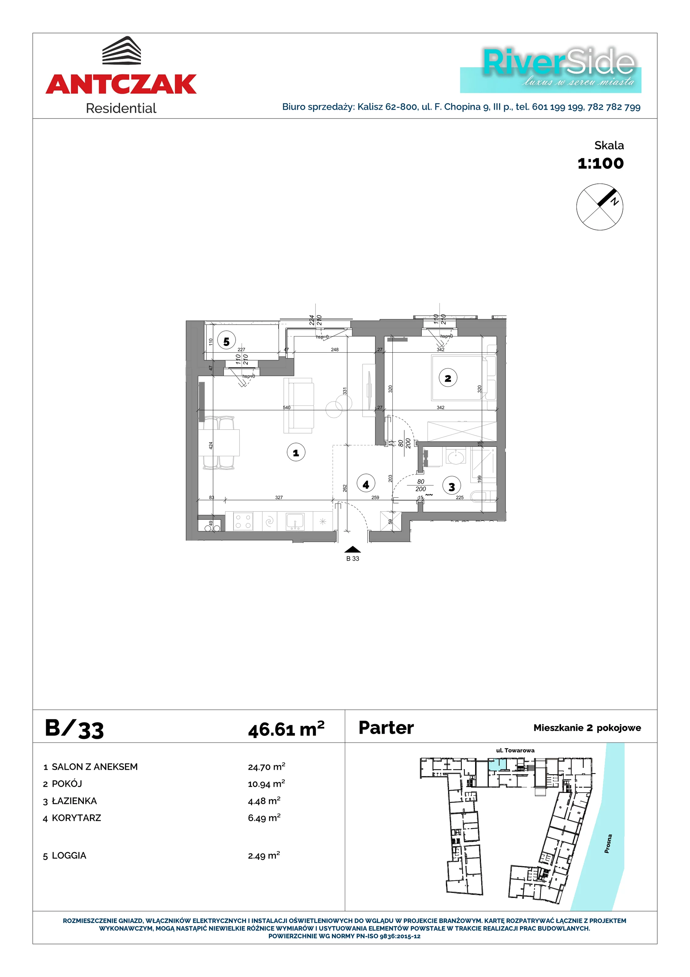 Mieszkanie 46,61 m², parter, oferta nr 33, RiverSide, Kalisz, ul. Towarowa 2