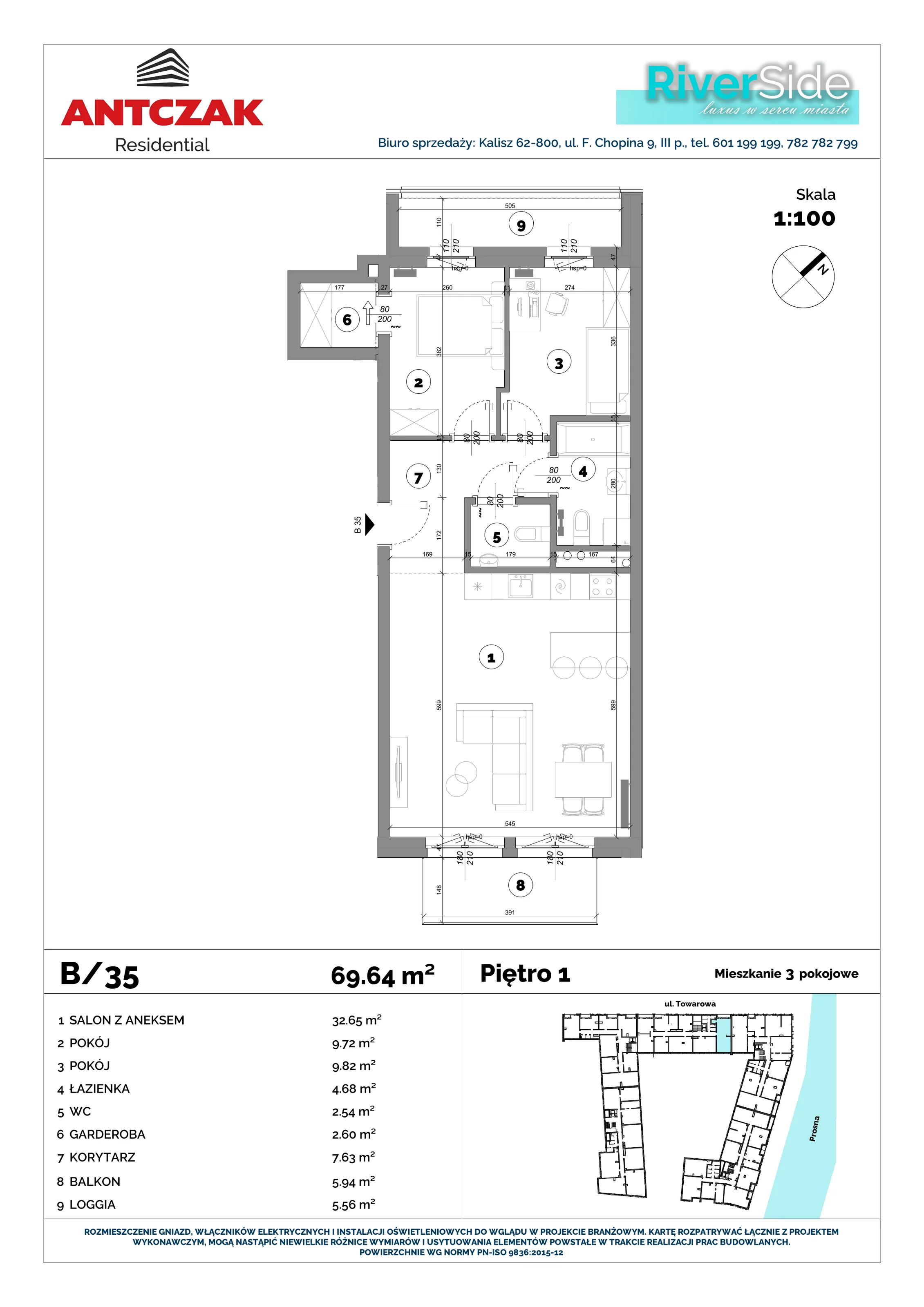 Mieszkanie 69,64 m², piętro 1, oferta nr 35, RiverSide, Kalisz, ul. Towarowa 2