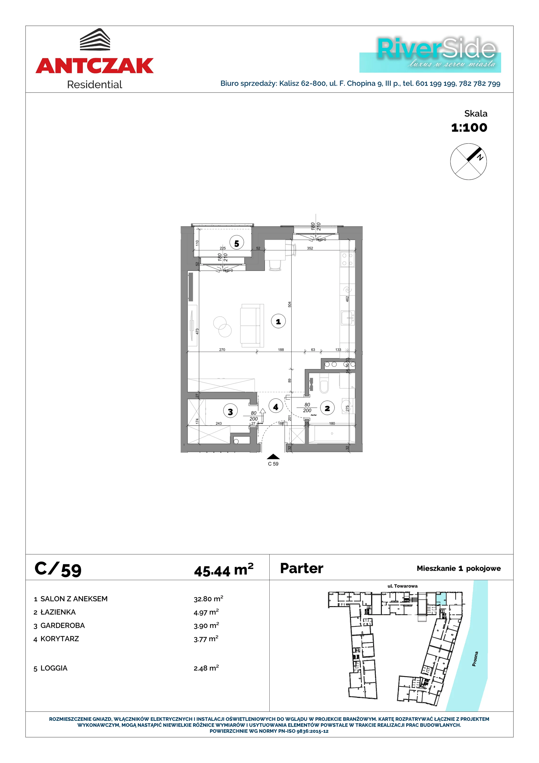 Mieszkanie 45,45 m², parter, oferta nr 59, RiverSide, Kalisz, ul. Towarowa 2