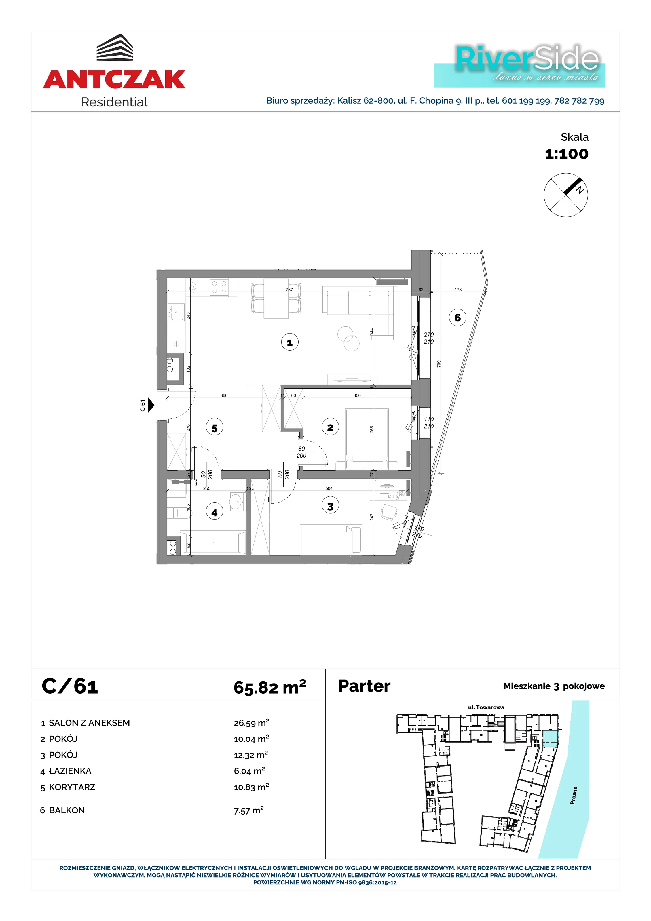 Mieszkanie 65,82 m², parter, oferta nr 61, RiverSide, Kalisz, ul. Towarowa 2