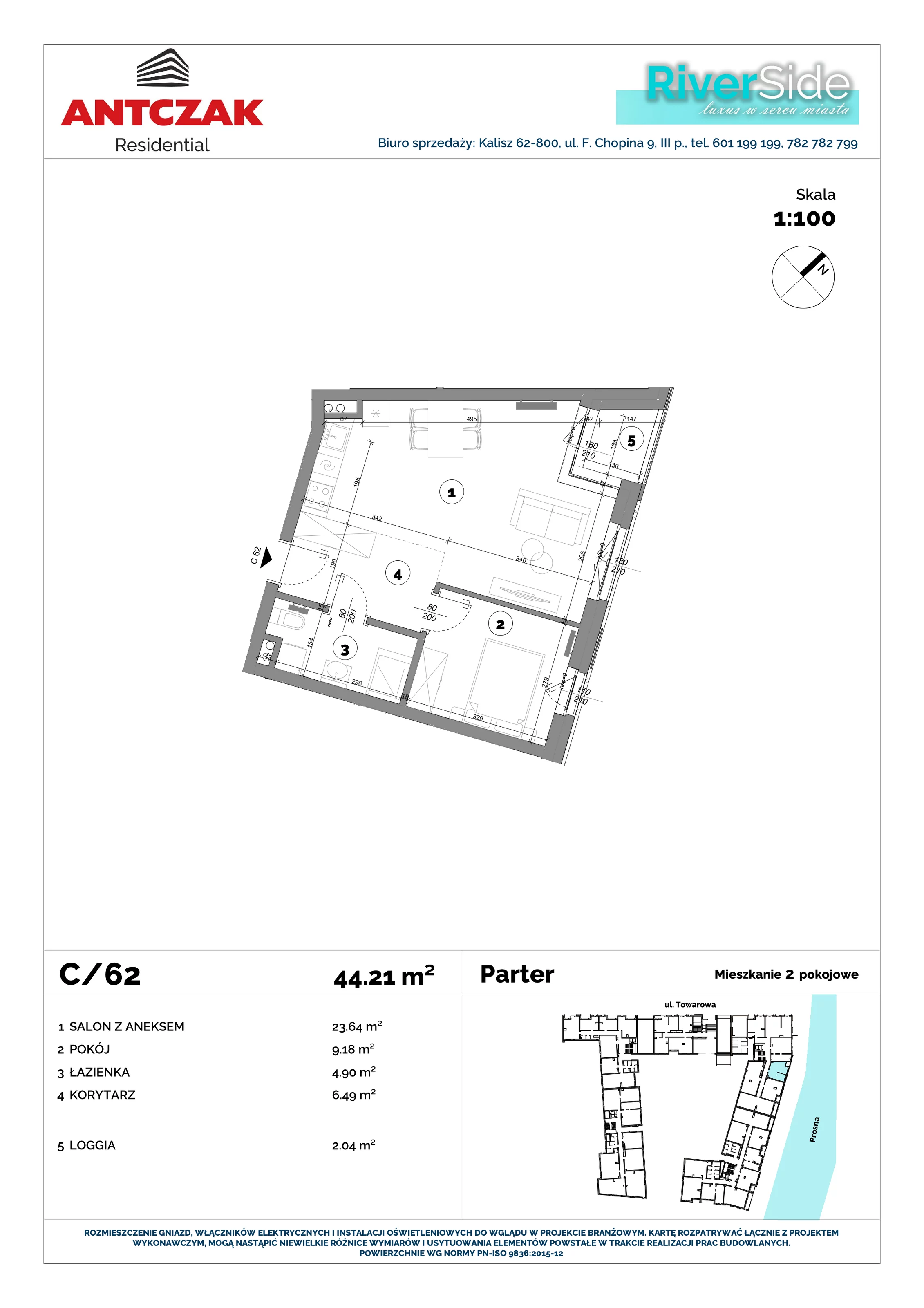 Mieszkanie 44,21 m², parter, oferta nr 62, RiverSide, Kalisz, ul. Towarowa 2