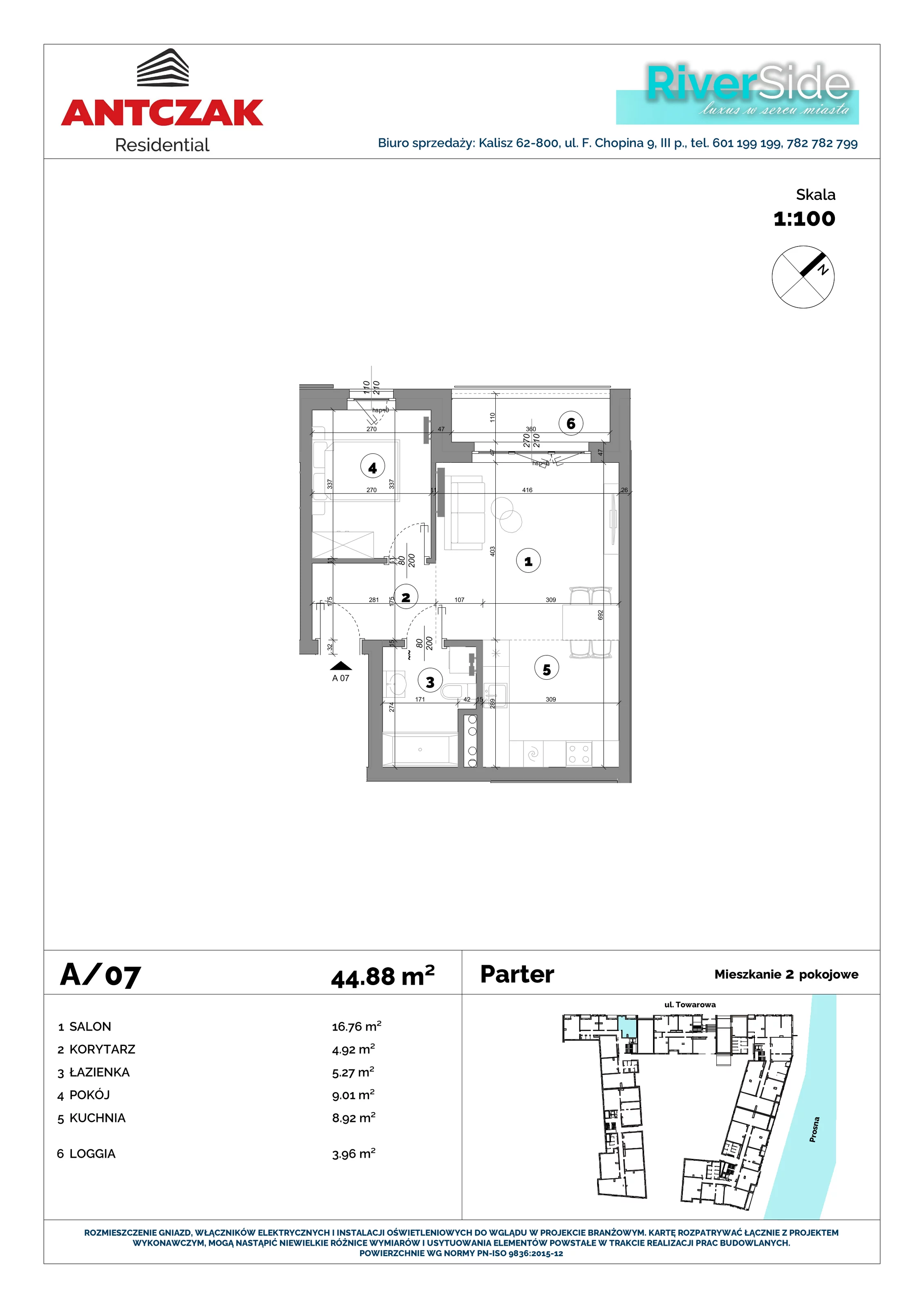 Mieszkanie 44,97 m², parter, oferta nr 7, RiverSide, Kalisz, ul. Towarowa 2