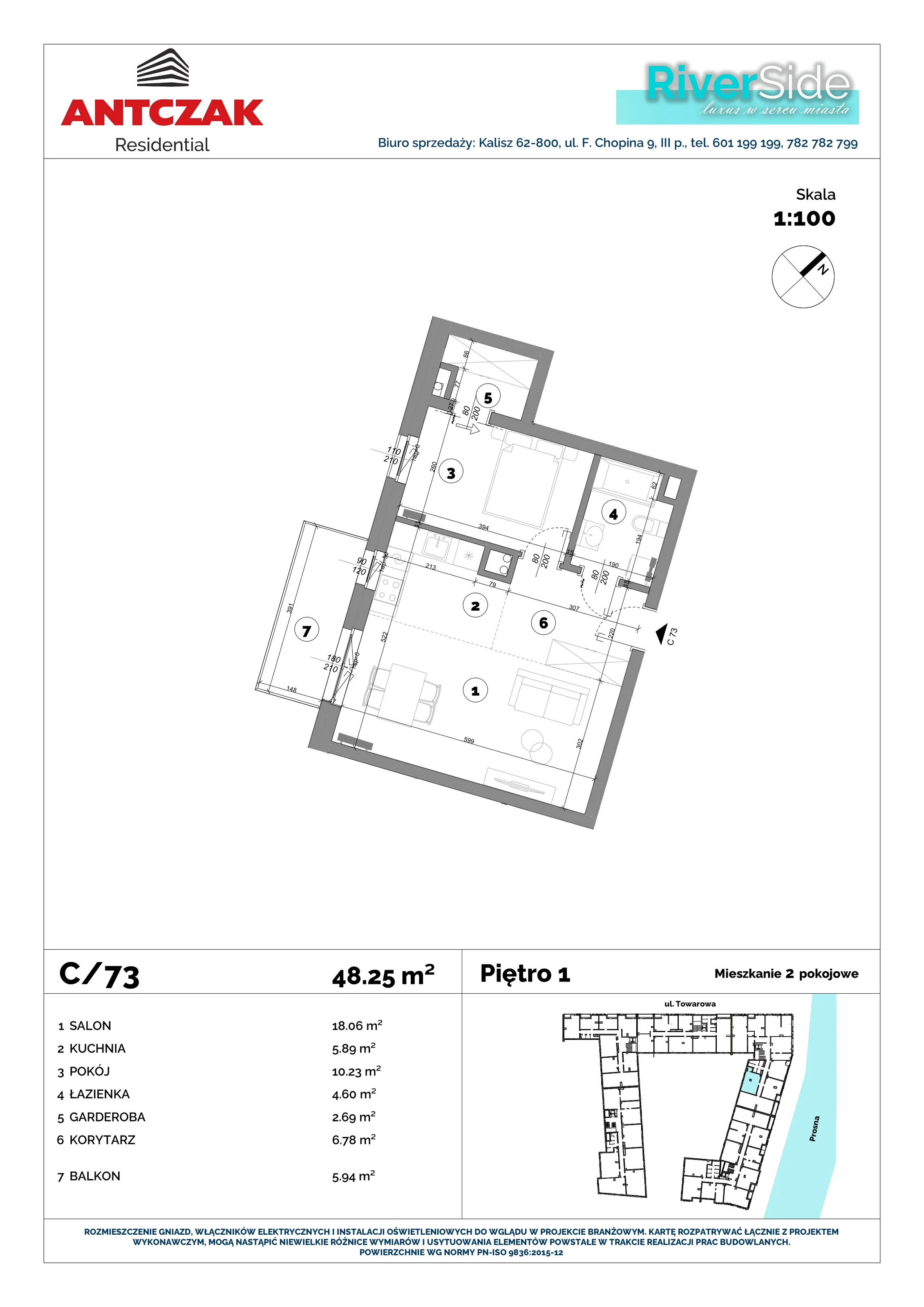 Mieszkanie 48,23 m², piętro 1, oferta nr 73, RiverSide, Kalisz, ul. Towarowa 2