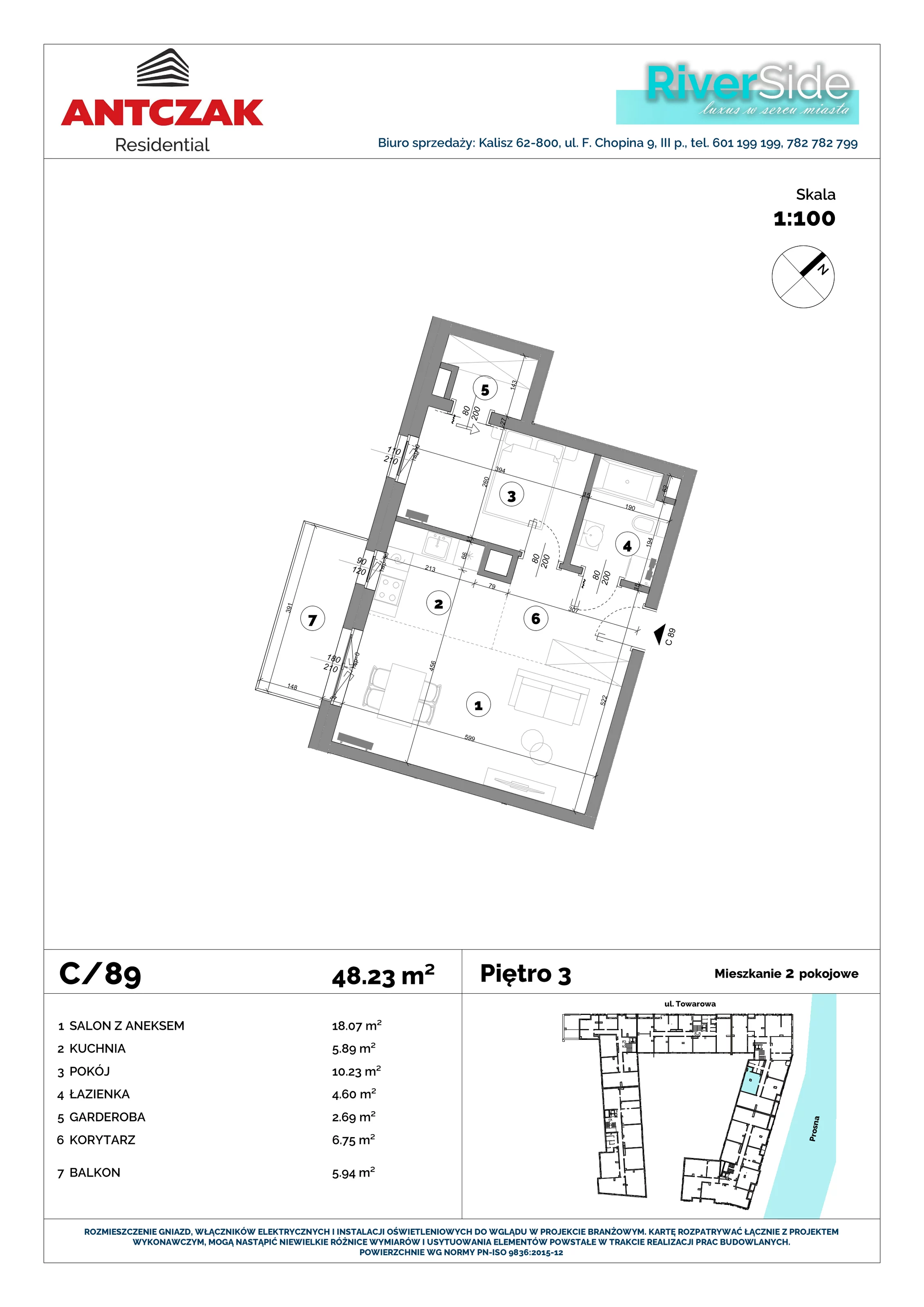 Mieszkanie 48,23 m², piętro 3, oferta nr 89, RiverSide, Kalisz, ul. Towarowa 2