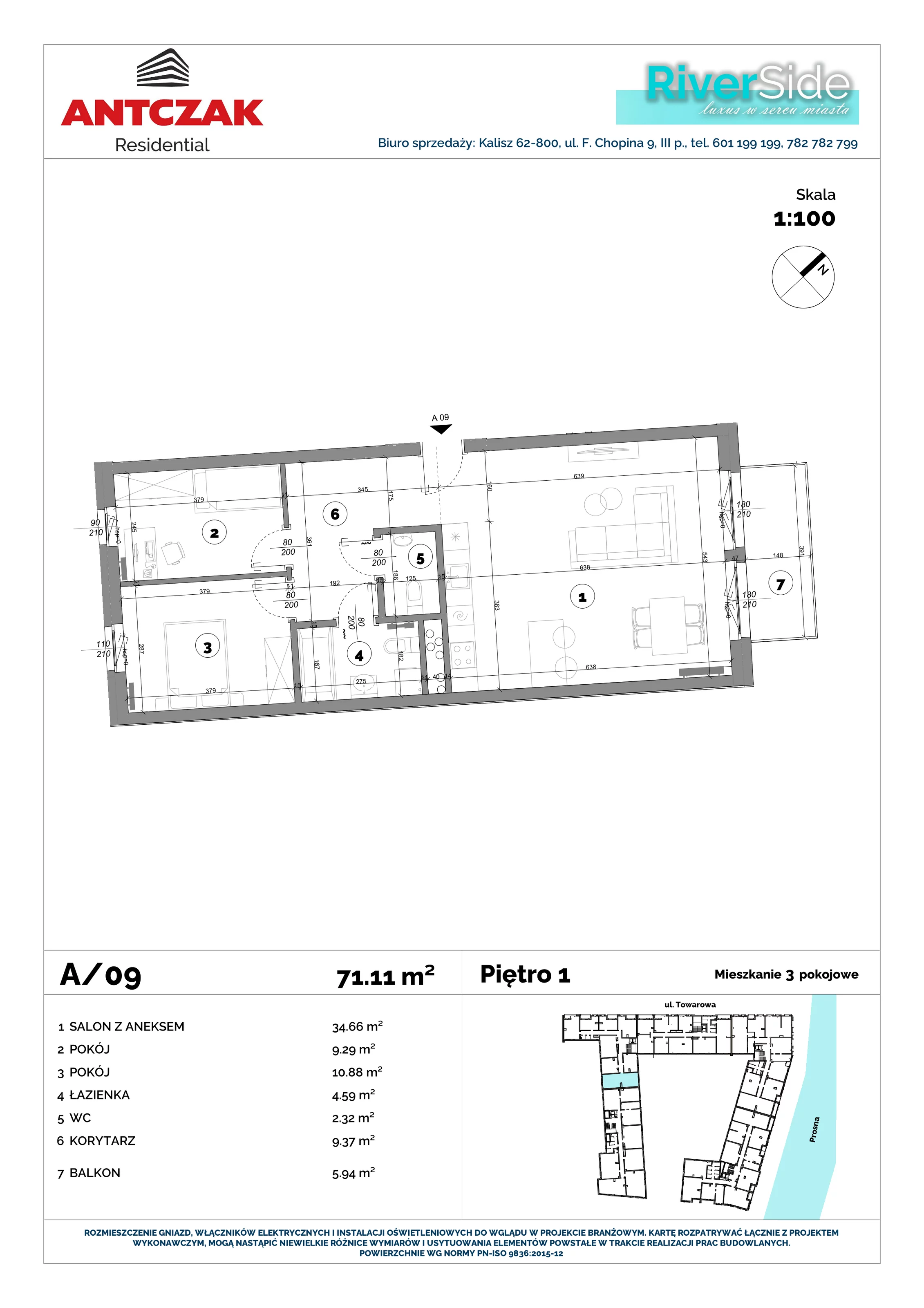 Mieszkanie 71,11 m², piętro 1, oferta nr 9, RiverSide, Kalisz, ul. Towarowa 2