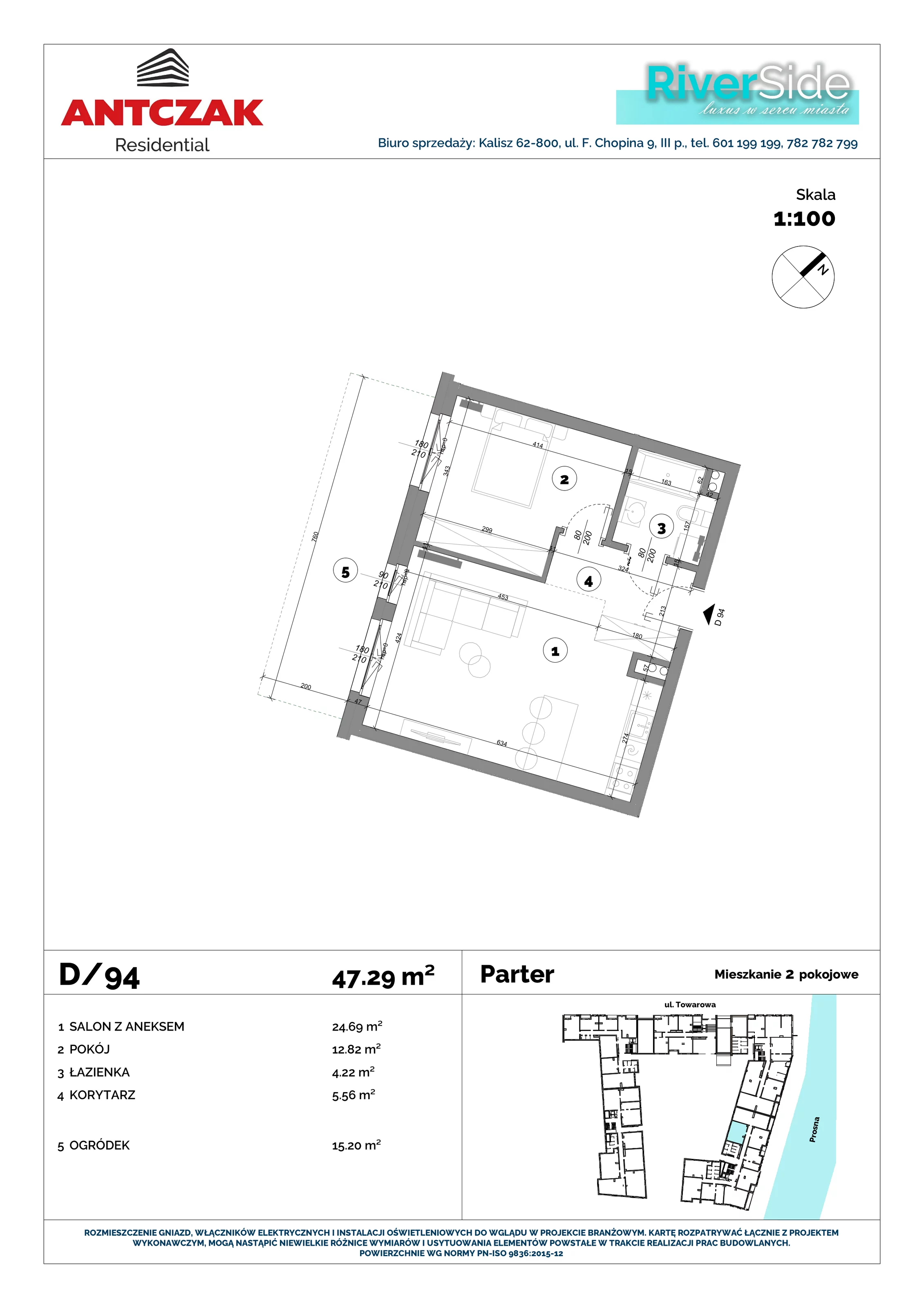 Mieszkanie 47,29 m², parter, oferta nr 94, RiverSide, Kalisz, ul. Towarowa 2