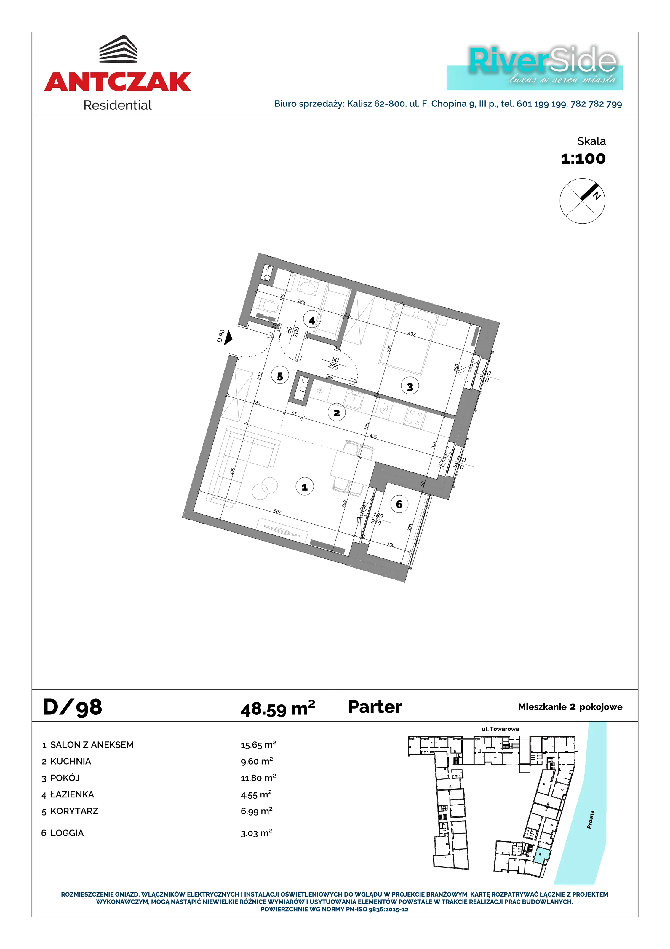 Mieszkanie 48,59 m², parter, oferta nr 98, RiverSide, Kalisz, ul. Towarowa 2