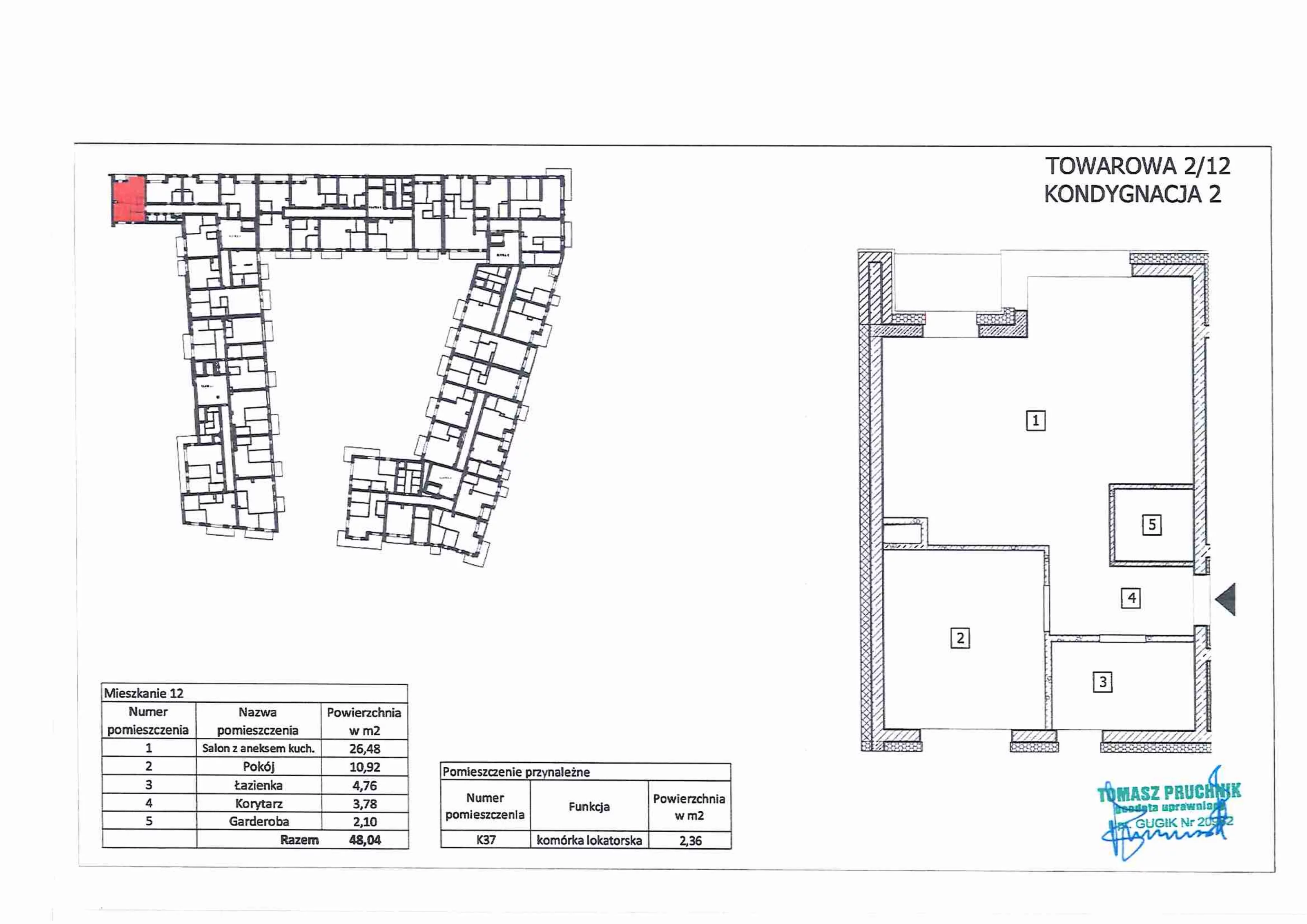 2 pokoje, mieszkanie 48,46 m², piętro 1, oferta nr 12, RiverSide, Kalisz, ul. Towarowa 2