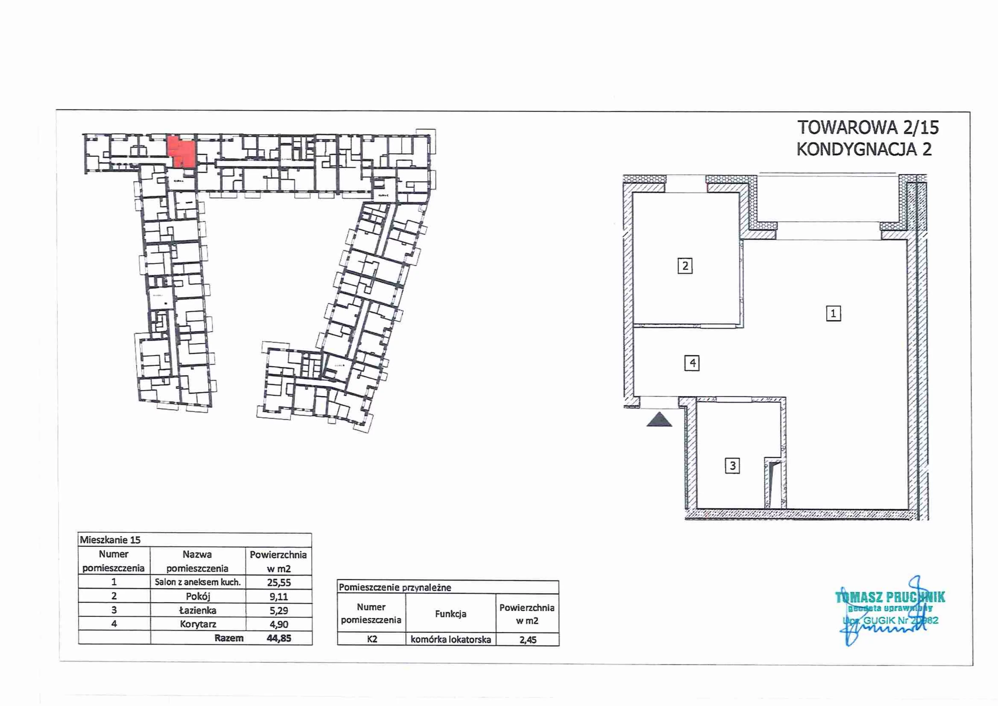 2 pokoje, mieszkanie 44,97 m², piętro 1, oferta nr 15, RiverSide, Kalisz, ul. Towarowa 2