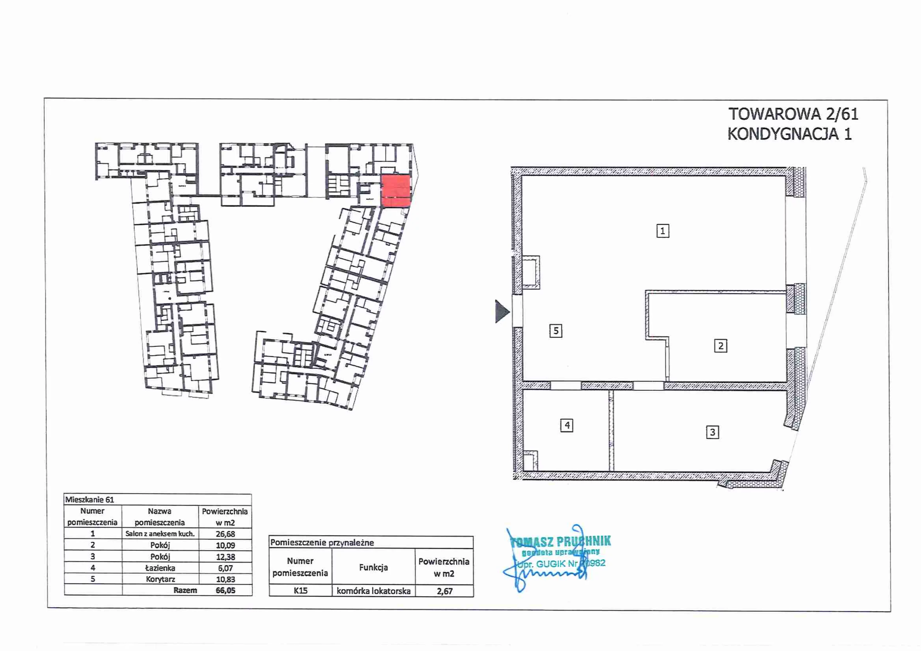 3 pokoje, mieszkanie 65,82 m², parter, oferta nr 61, RiverSide, Kalisz, ul. Towarowa 2