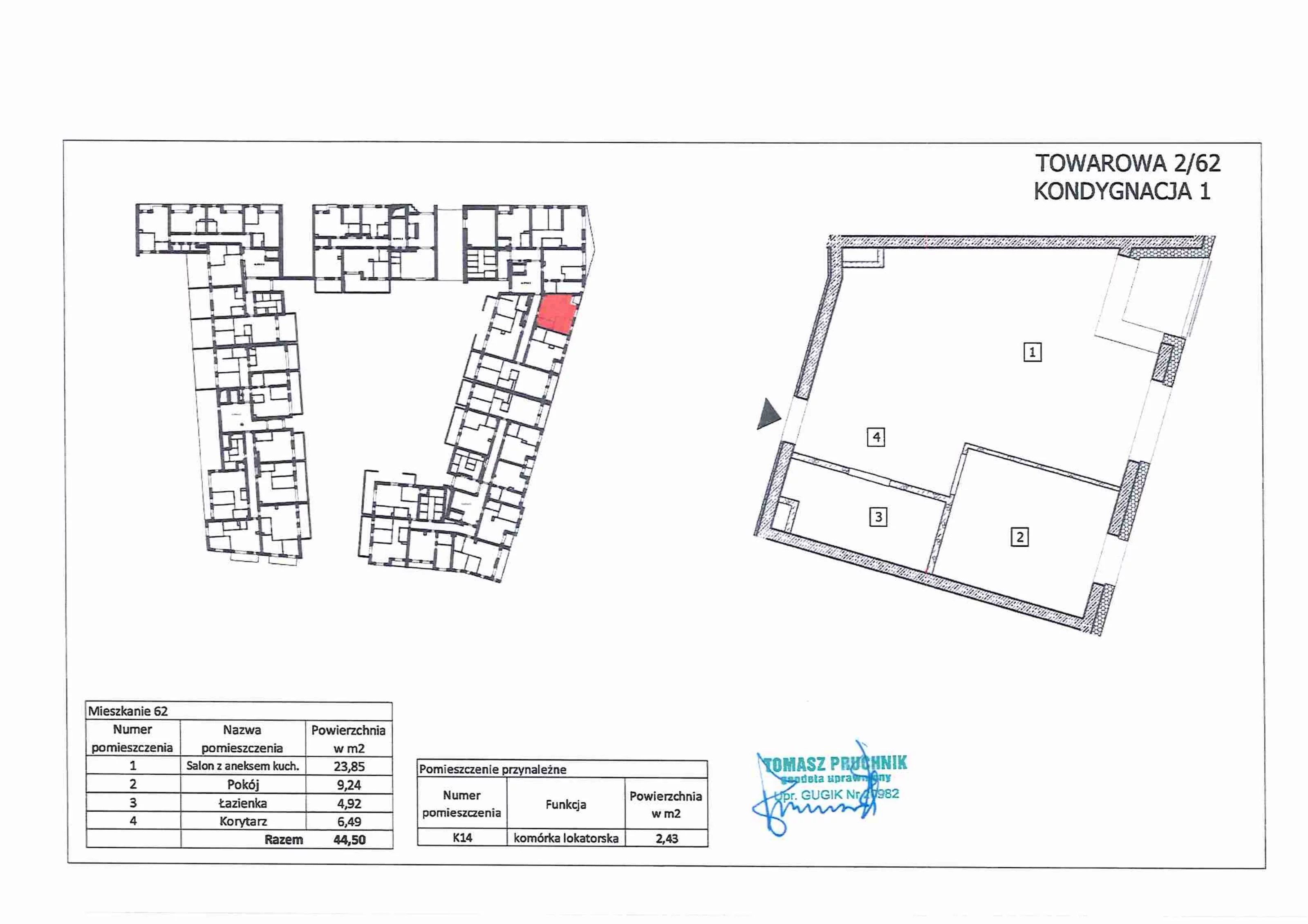 2 pokoje, mieszkanie 44,21 m², parter, oferta nr 62, RiverSide, Kalisz, ul. Towarowa 2