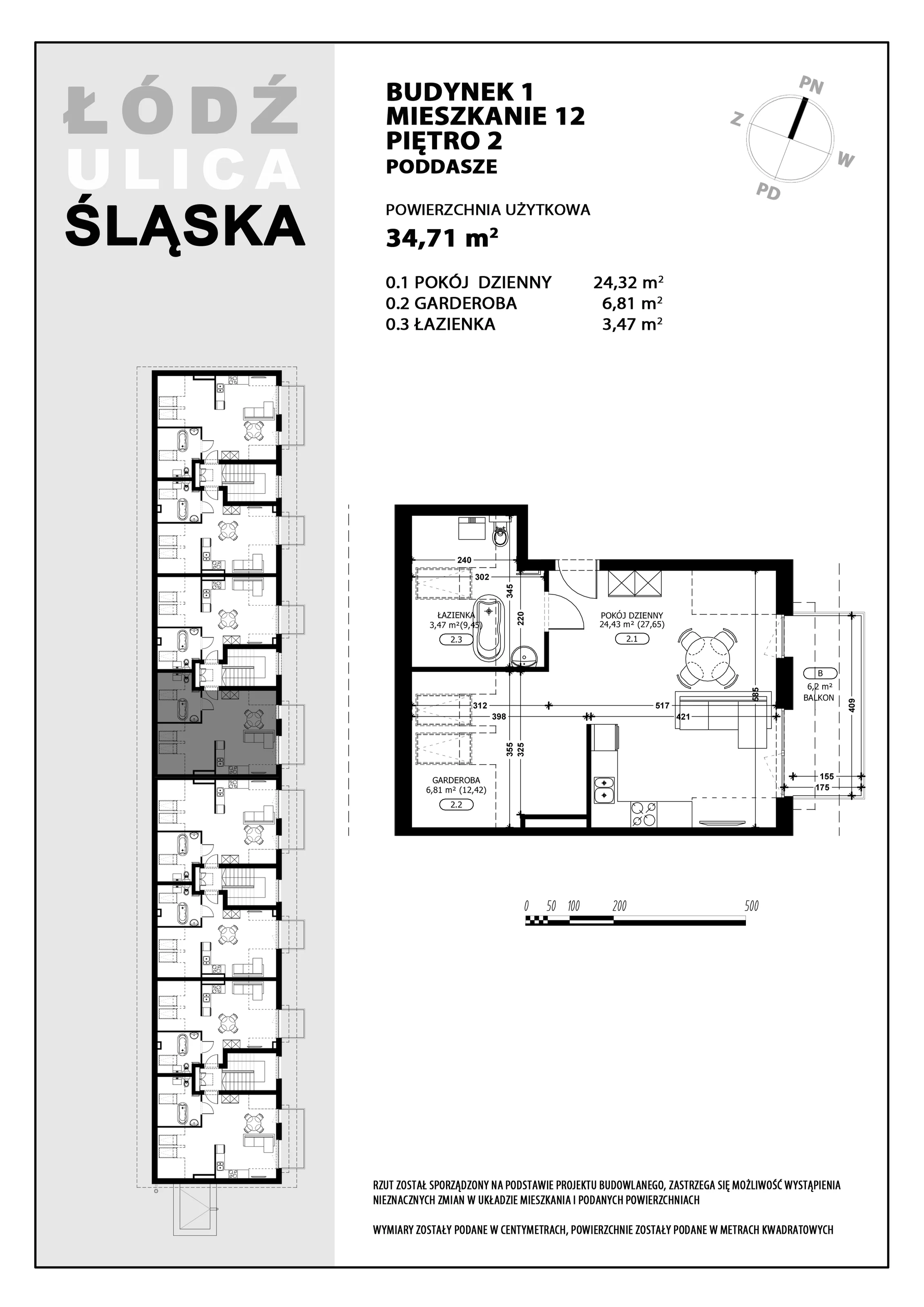 Mieszkanie 34,71 m², piętro 2, oferta nr B1-M12, Śląska Park, Łódź, Górna, Chojny-Dąbrowa, ul. Śląska 39