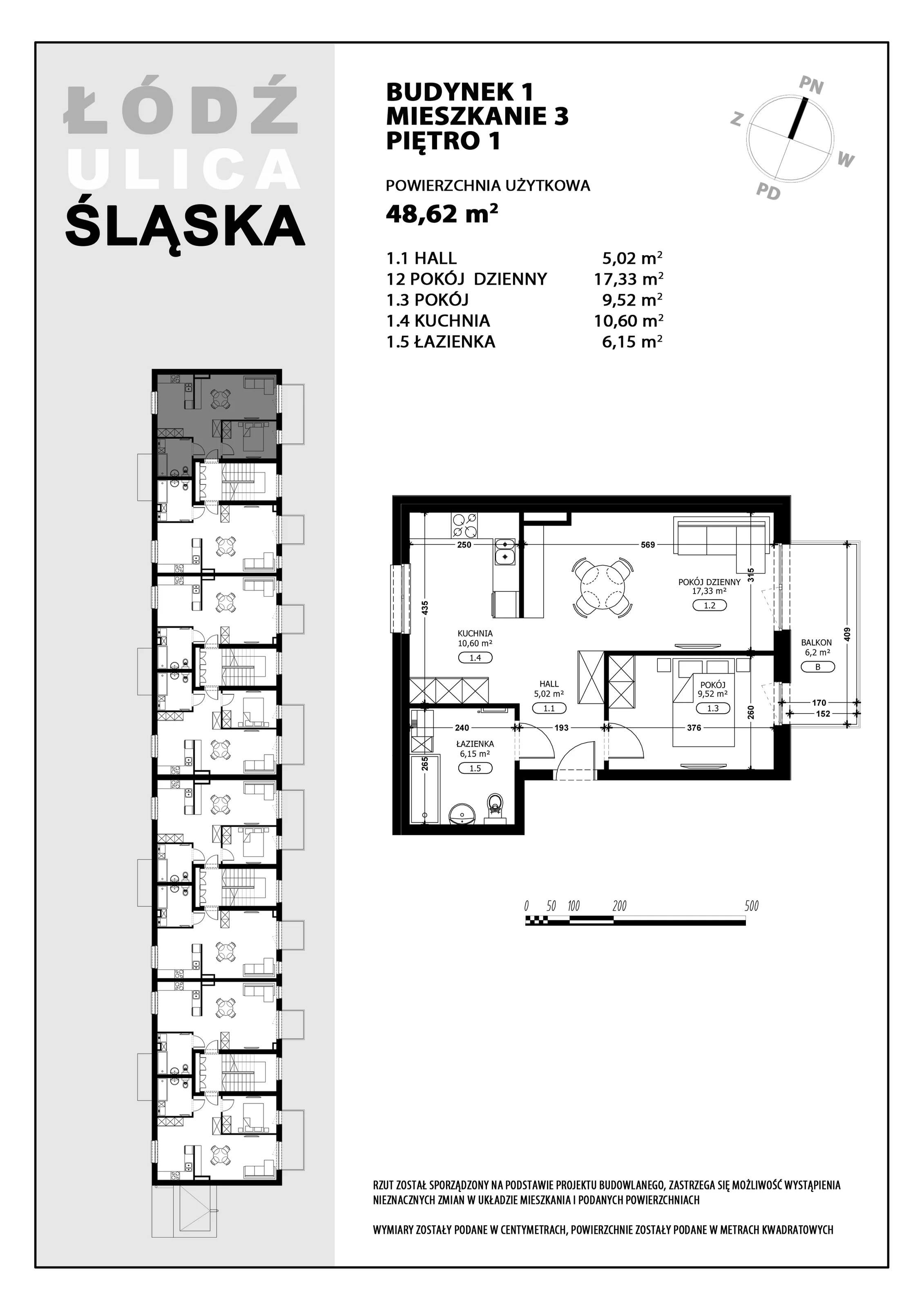 2 pokoje, mieszkanie 48,62 m², piętro 1, oferta nr B1-M3, Śląska Park, Łódź, Górna, Chojny-Dąbrowa, ul. Śląska 39