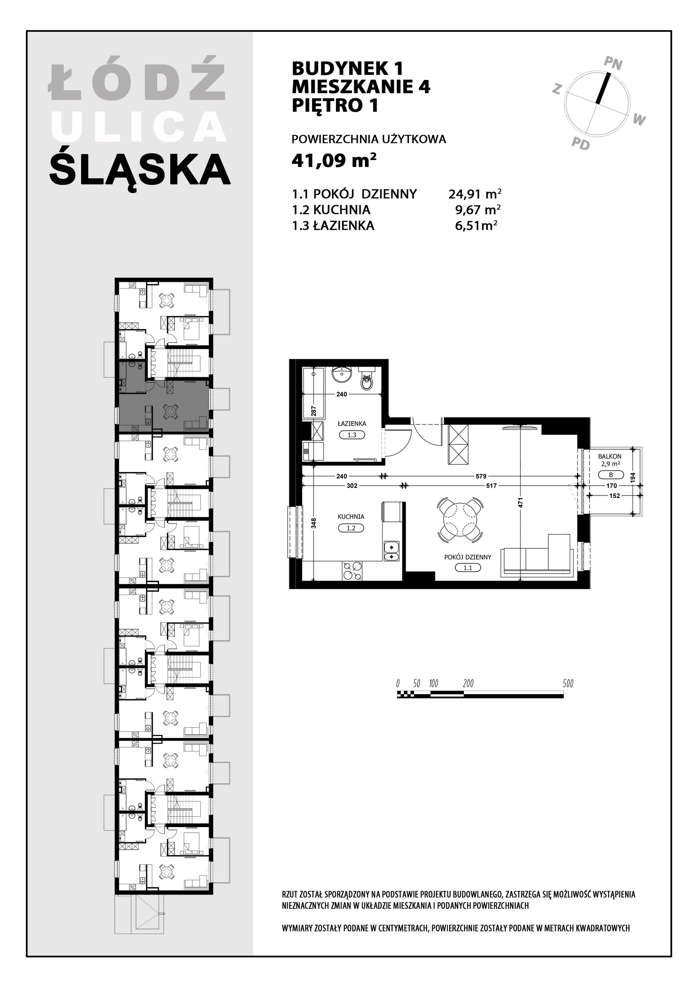 1 pokój, mieszkanie 41,09 m², piętro 1, oferta nr B1-M4, Śląska Park, Łódź, Górna, Chojny-Dąbrowa, ul. Śląska 39