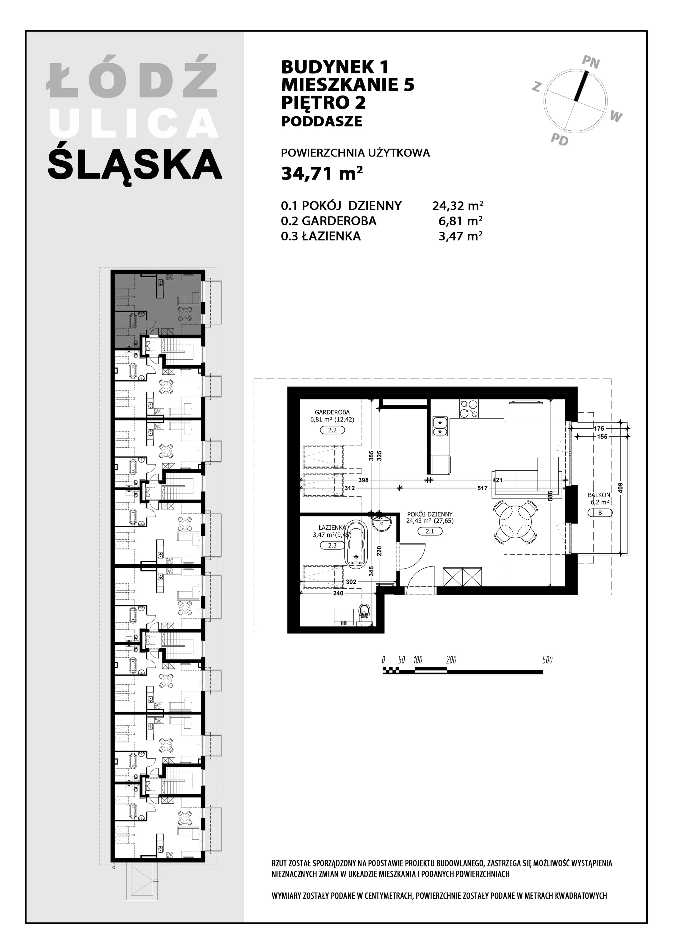 1 pokój, mieszkanie 34,71 m², piętro 2, oferta nr B1-M5, Śląska Park, Łódź, Górna, Chojny-Dąbrowa, ul. Śląska 39