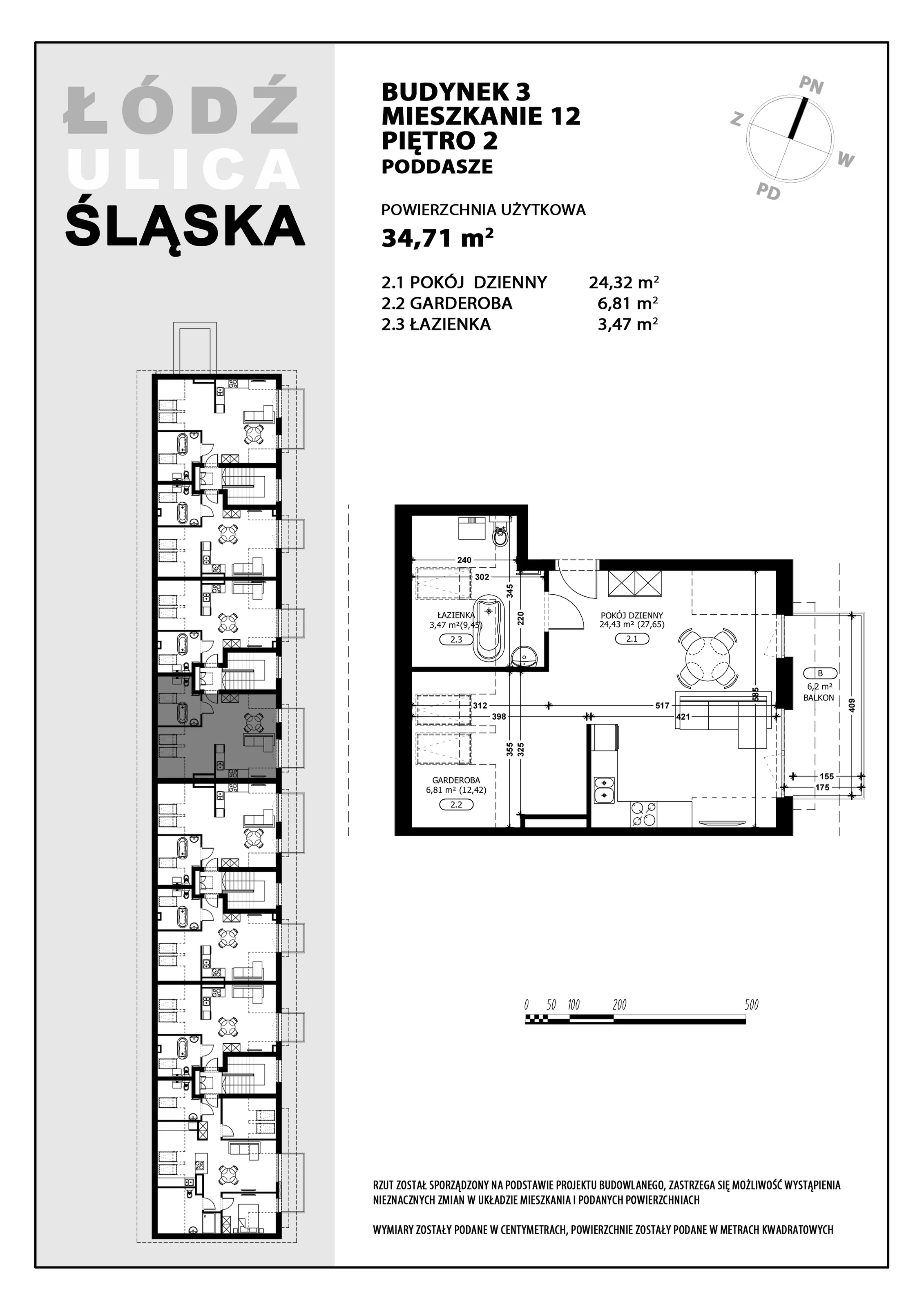 Mieszkanie 34,71 m², piętro 2, oferta nr B3-M12, Śląska Park, Łódź, Górna, Chojny-Dąbrowa, ul. Śląska 39