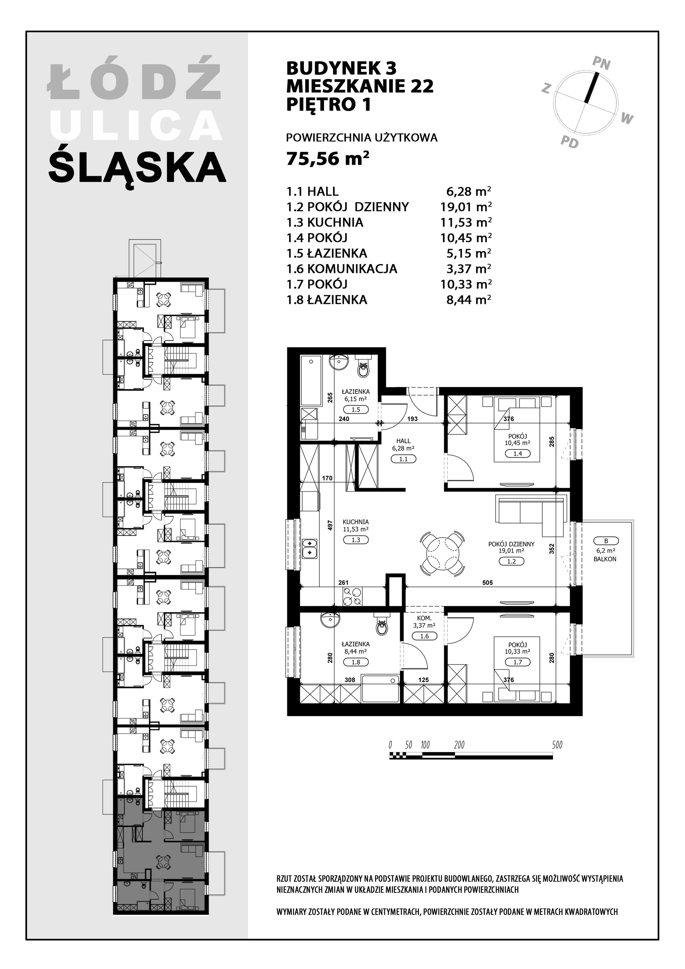 3 pokoje, mieszkanie 75,56 m², piętro 1, oferta nr B3-M22, Śląska Park, Łódź, Górna, Chojny-Dąbrowa, ul. Śląska 39