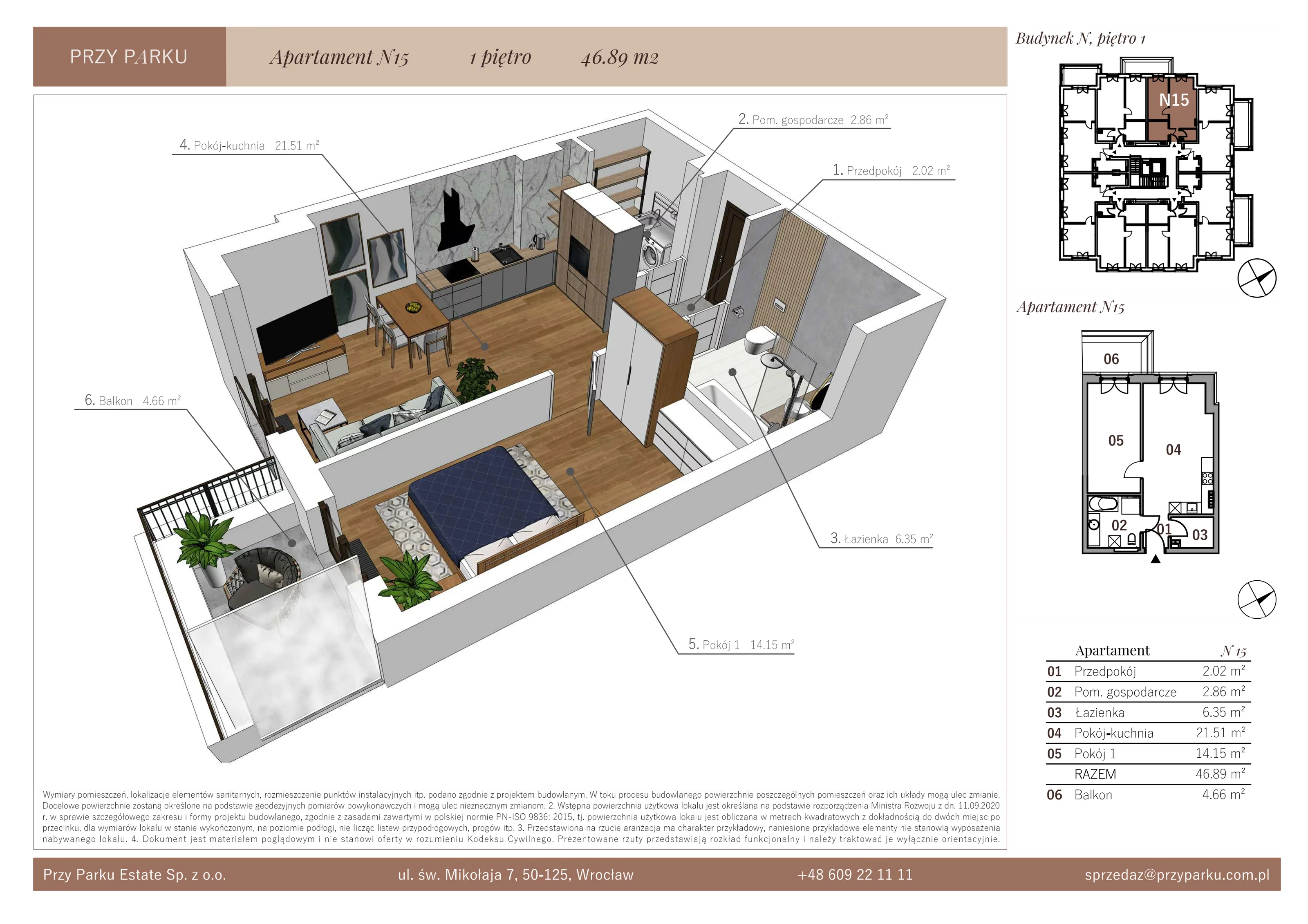 Apartament 46,89 m², piętro 1, oferta nr N15, Przy Parku, Żerniki Wrocławskie, ul. Parkowa