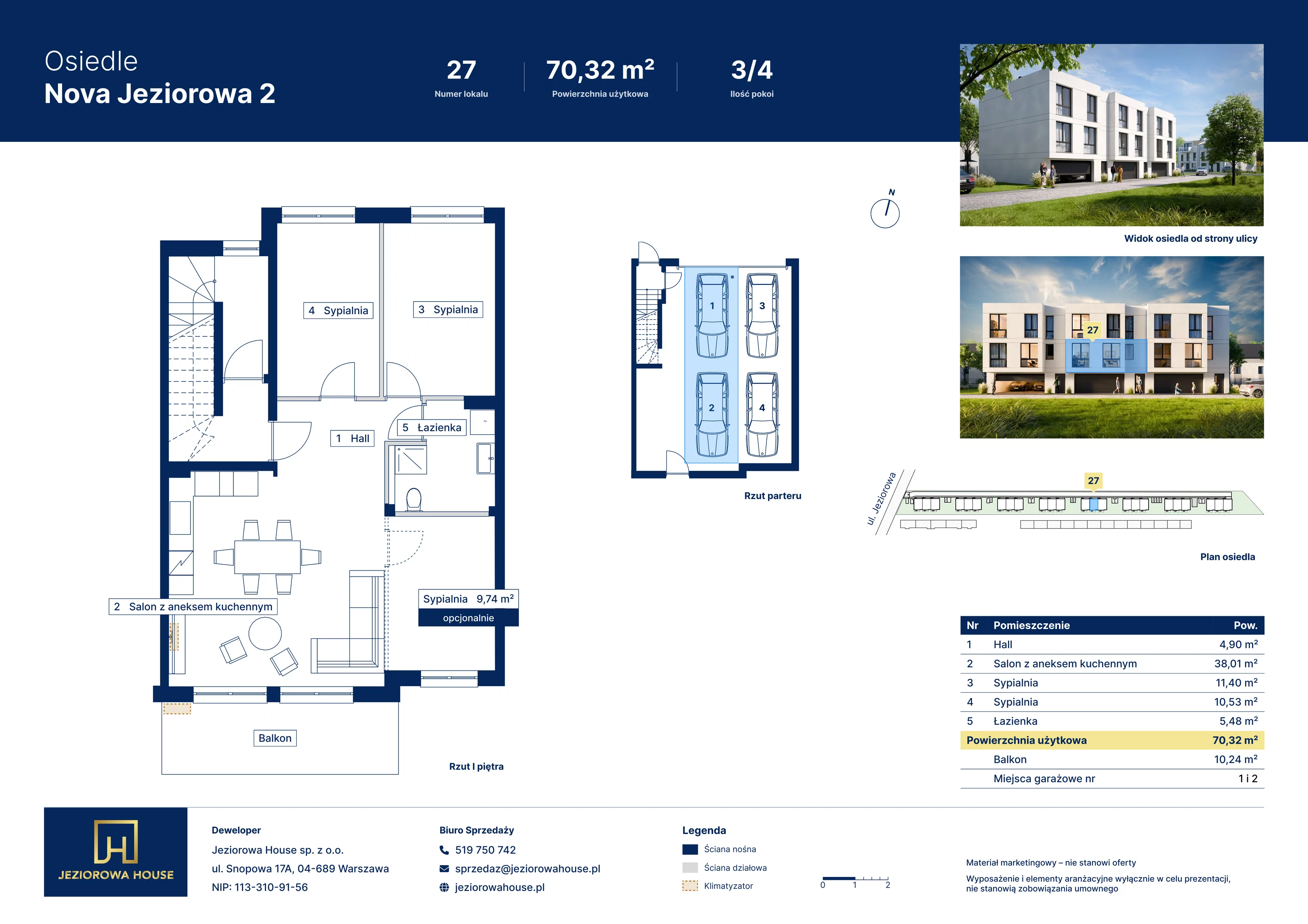 4 pokoje, mieszkanie 70,32 m², piętro 1, oferta nr 27, Nova Jeziorowa 2, Warszawa, Wawer, Zerzeń, ul. Jeziorowa