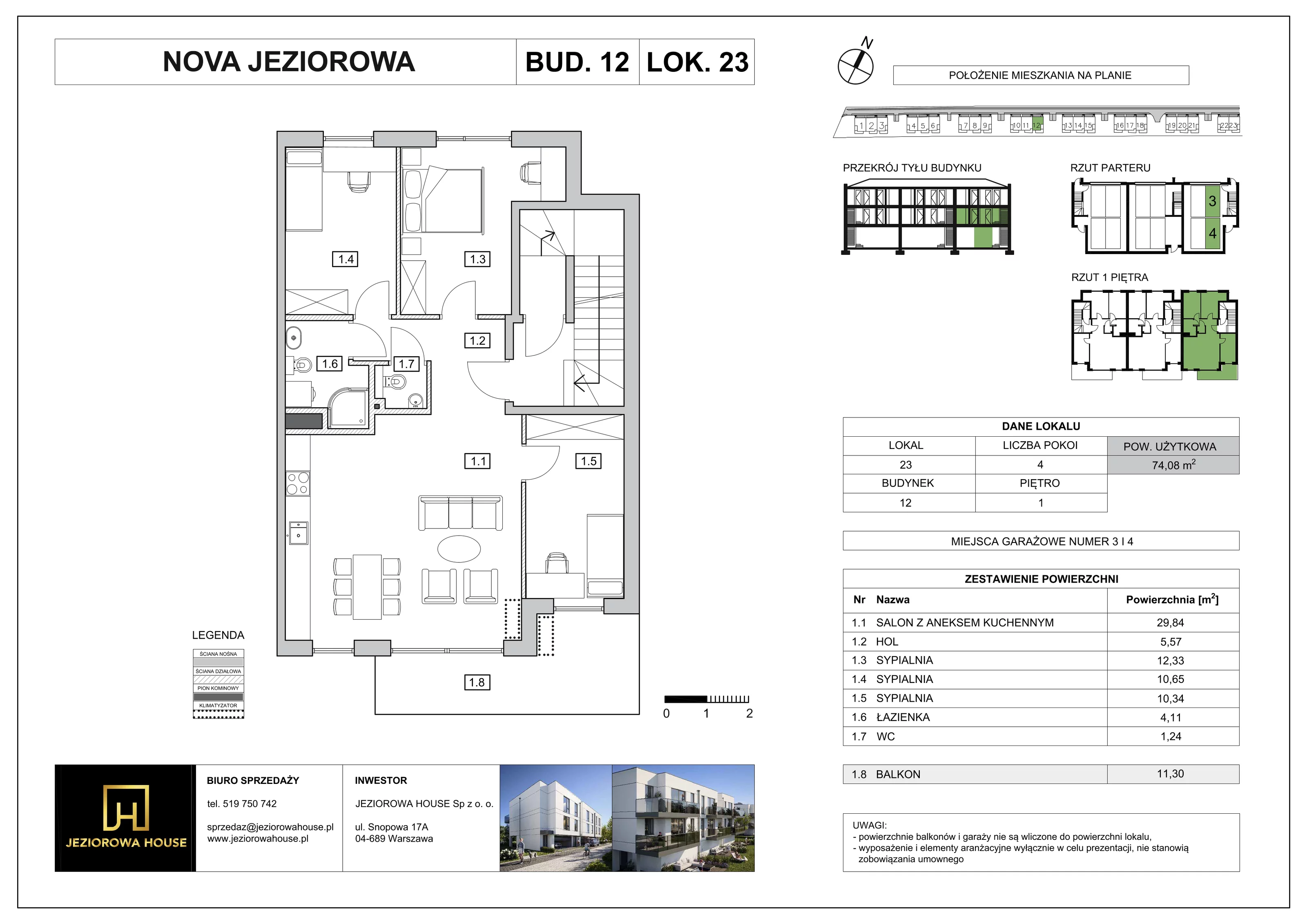 Mieszkanie 74,08 m², piętro 1, oferta nr 23, Nova Jeziorowa, Warszawa, Wawer, Zerzeń, ul. Jeziorowa