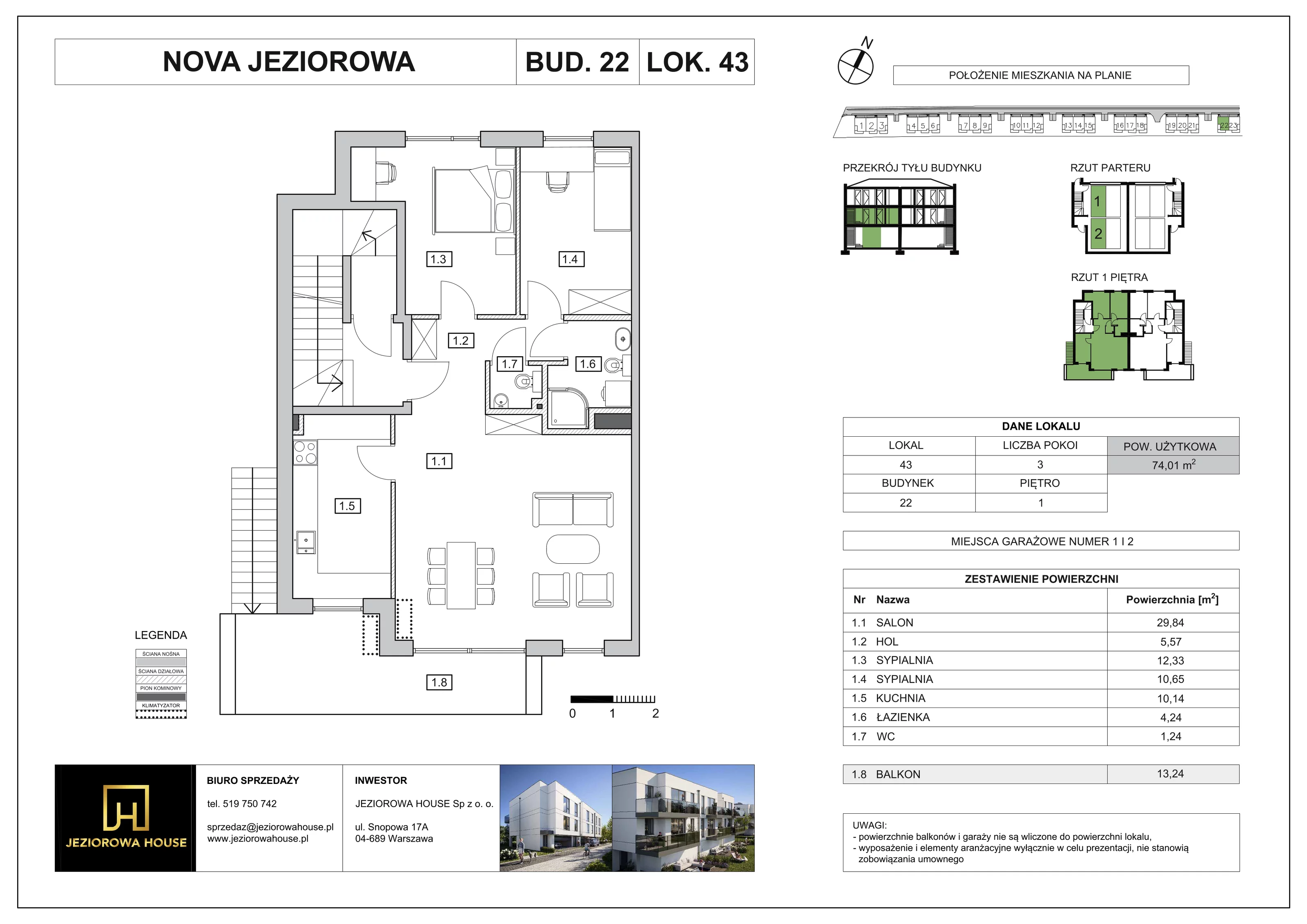 Mieszkanie 74,08 m², piętro 1, oferta nr 43, Nova Jeziorowa, Warszawa, Wawer, Zerzeń, ul. Jeziorowa