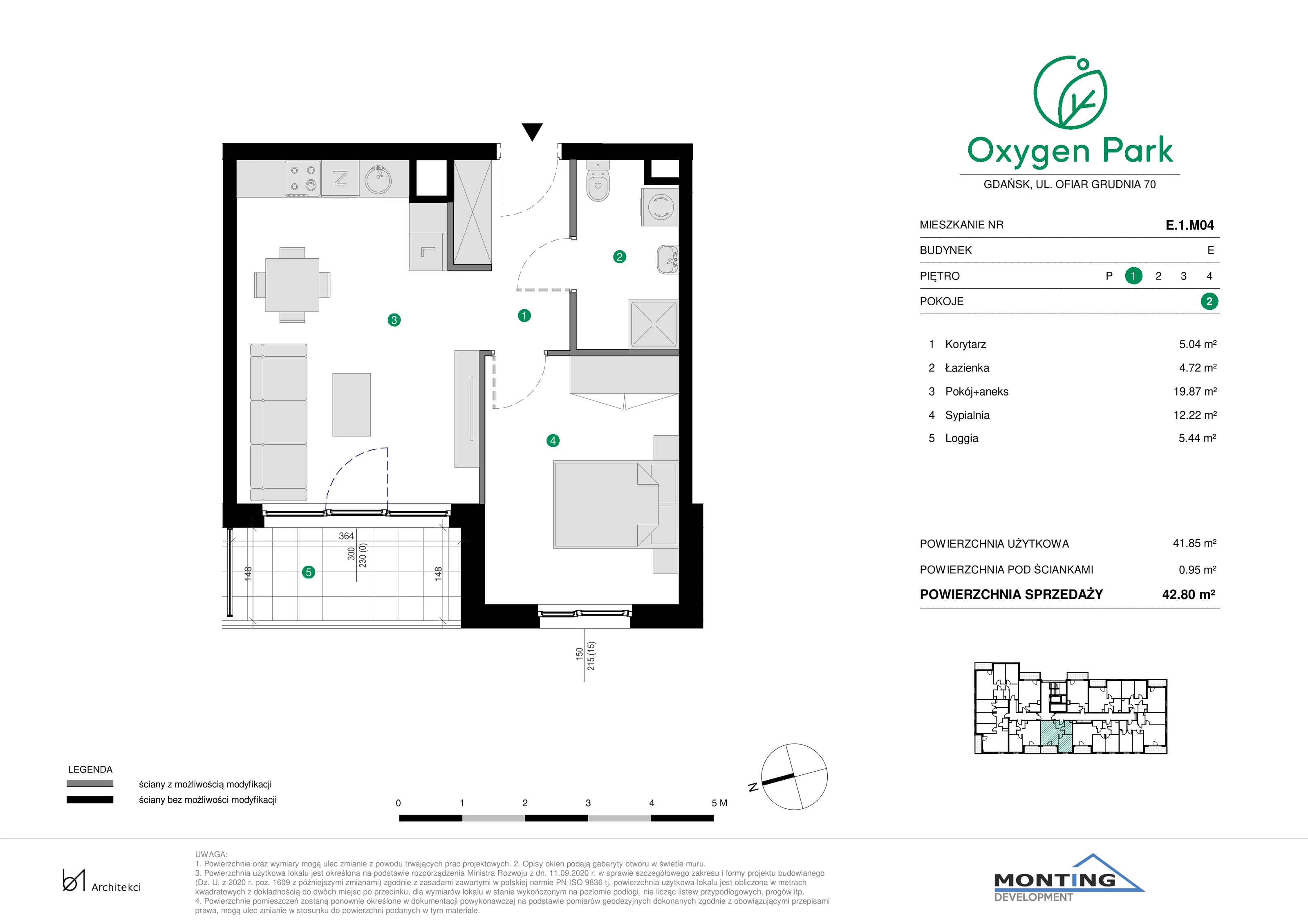 2 pokoje, mieszkanie 42,80 m², piętro 1, oferta nr E.1.M04, Oxygen Park, Gdańsk, Orunia Górna-Gdańsk Południe, ul. Erwiny Barzychowskiej