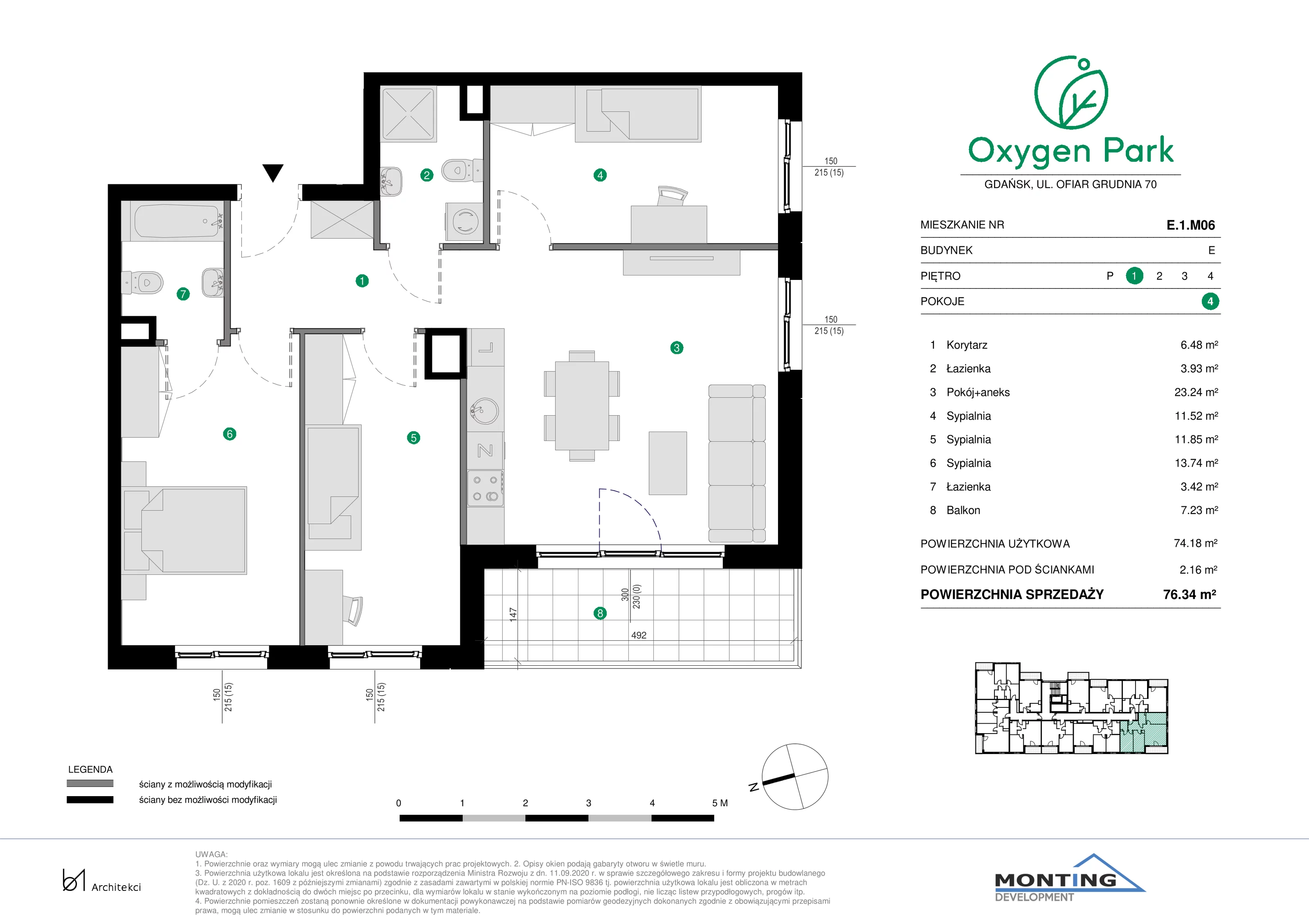 4 pokoje, mieszkanie 76,34 m², piętro 1, oferta nr E.1.M06, Oxygen Park, Gdańsk, Orunia Górna-Gdańsk Południe, ul. Erwiny Barzychowskiej