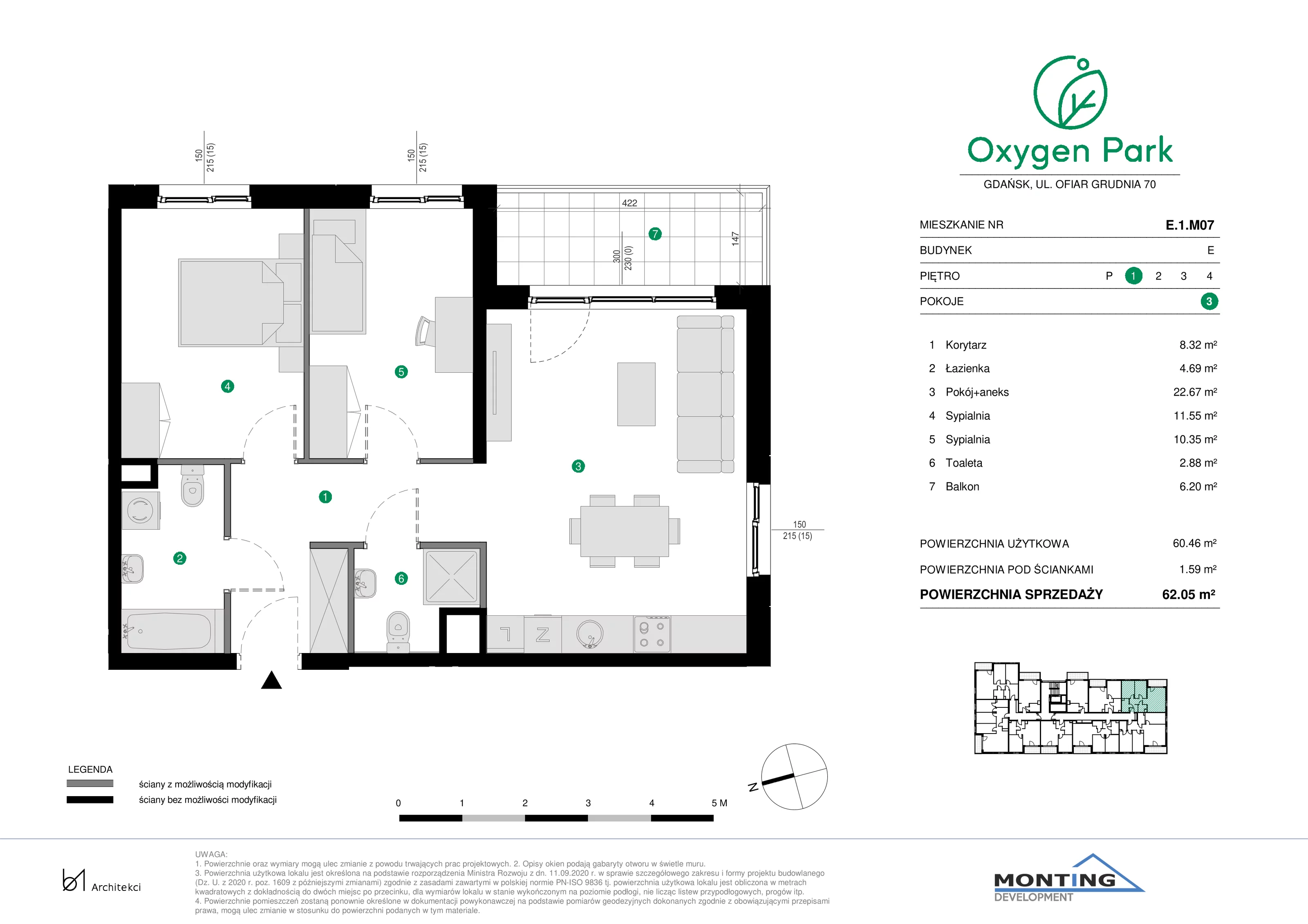 3 pokoje, mieszkanie 62,05 m², piętro 1, oferta nr E.1.M07, Oxygen Park, Gdańsk, Orunia Górna-Gdańsk Południe, ul. Erwiny Barzychowskiej