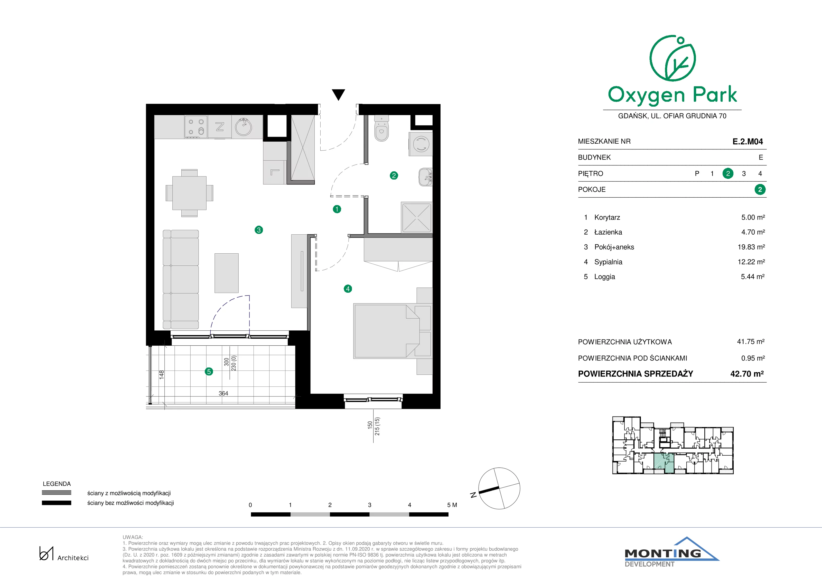 2 pokoje, mieszkanie 42,70 m², piętro 2, oferta nr E.2.M04, Oxygen Park, Gdańsk, Orunia Górna-Gdańsk Południe, ul. Erwiny Barzychowskiej