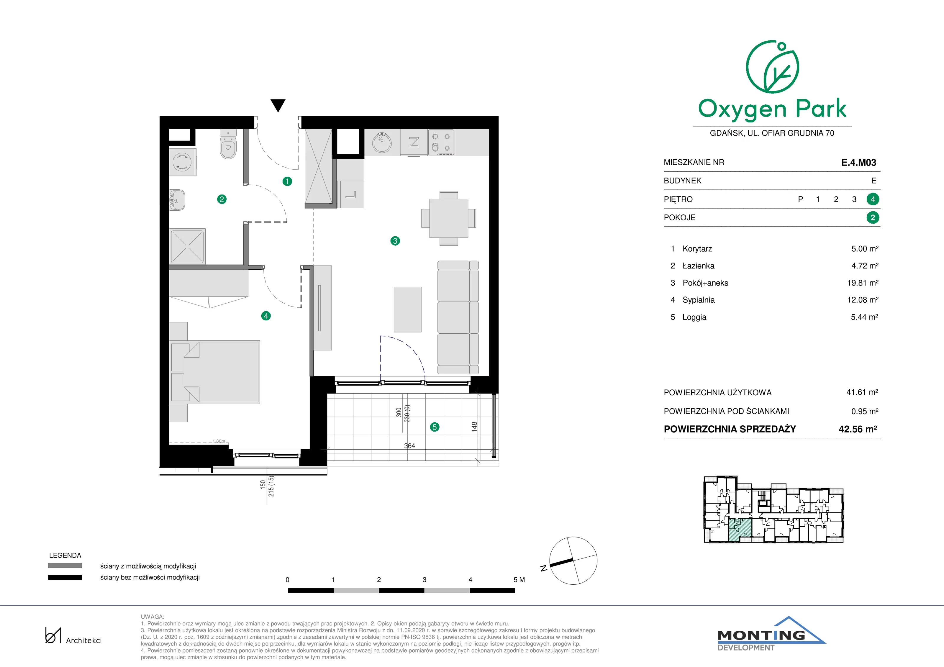 2 pokoje, mieszkanie 42,56 m², piętro 4, oferta nr E.4.M03, Oxygen Park, Gdańsk, Orunia Górna-Gdańsk Południe, ul. Erwiny Barzychowskiej