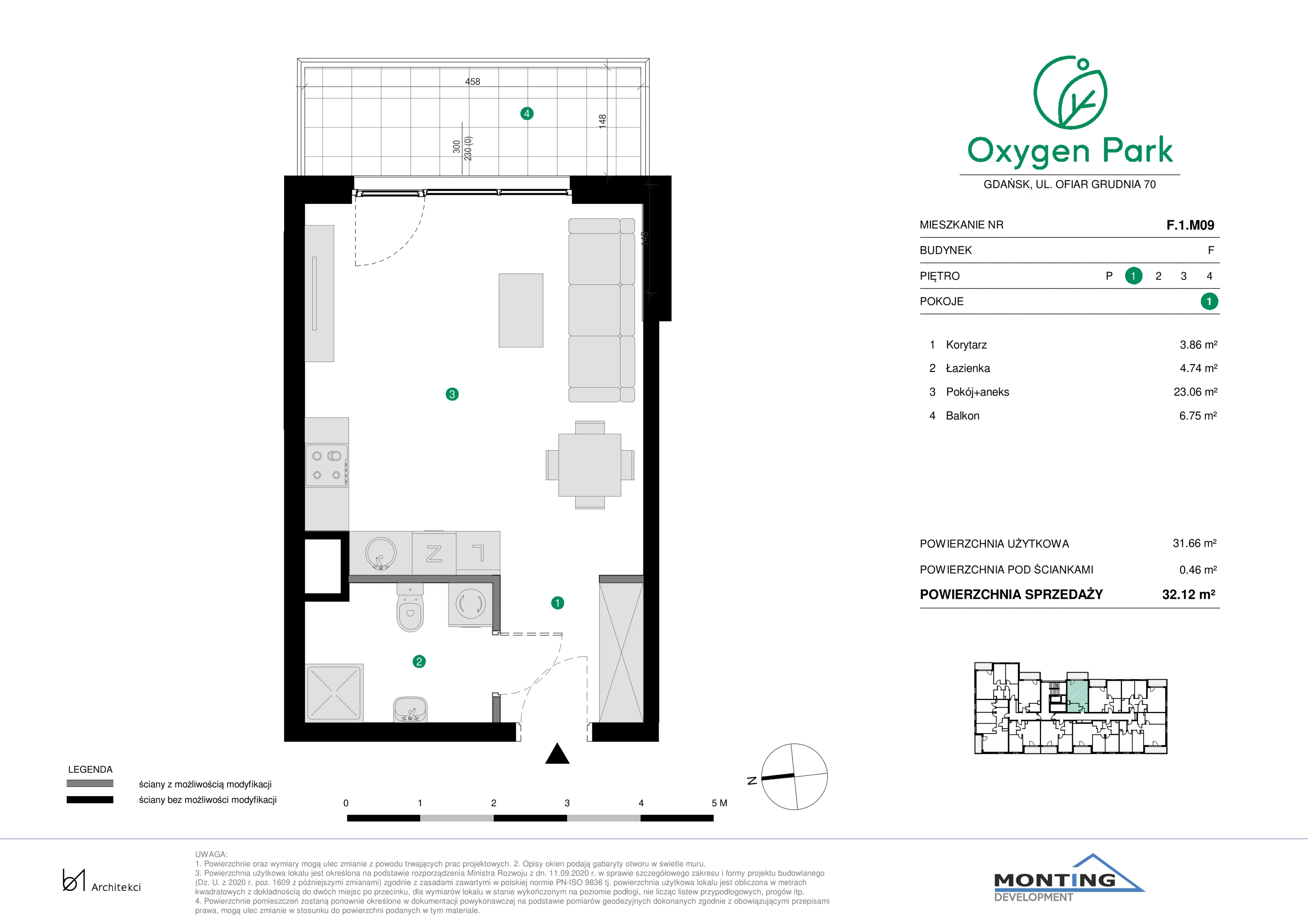 1 pokój, mieszkanie 32,12 m², piętro 1, oferta nr F.1.M09, Oxygen Park, Gdańsk, Orunia Górna-Gdańsk Południe, ul. Erwiny Barzychowskiej