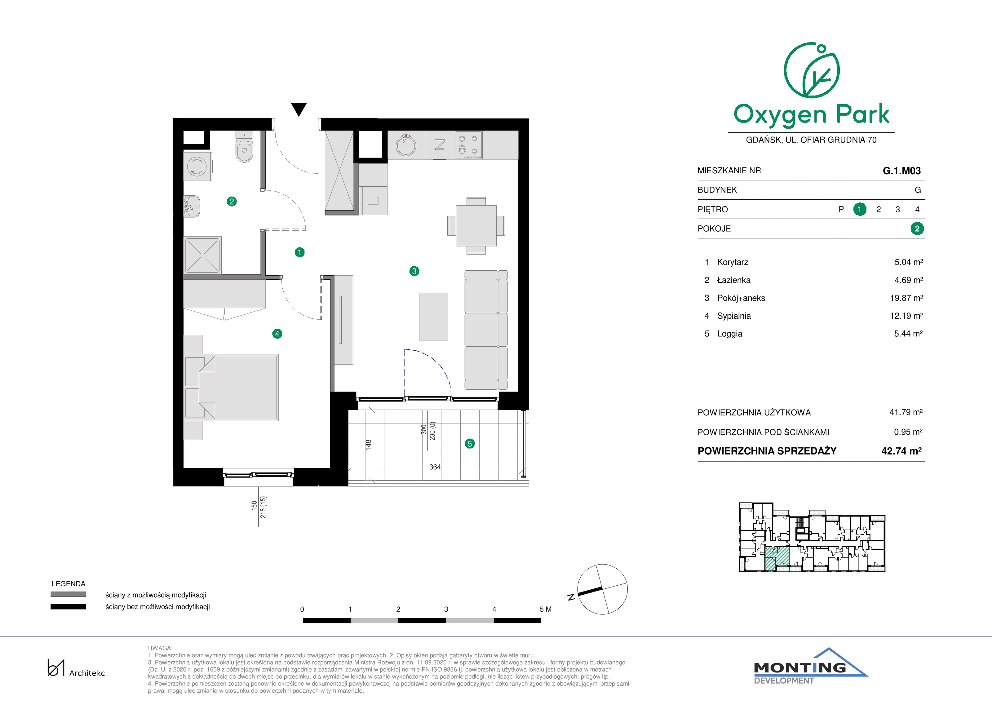 2 pokoje, mieszkanie 42,74 m², piętro 1, oferta nr G.1.M03, Oxygen Park, Gdańsk, Orunia Górna-Gdańsk Południe, ul. Erwiny Barzychowskiej