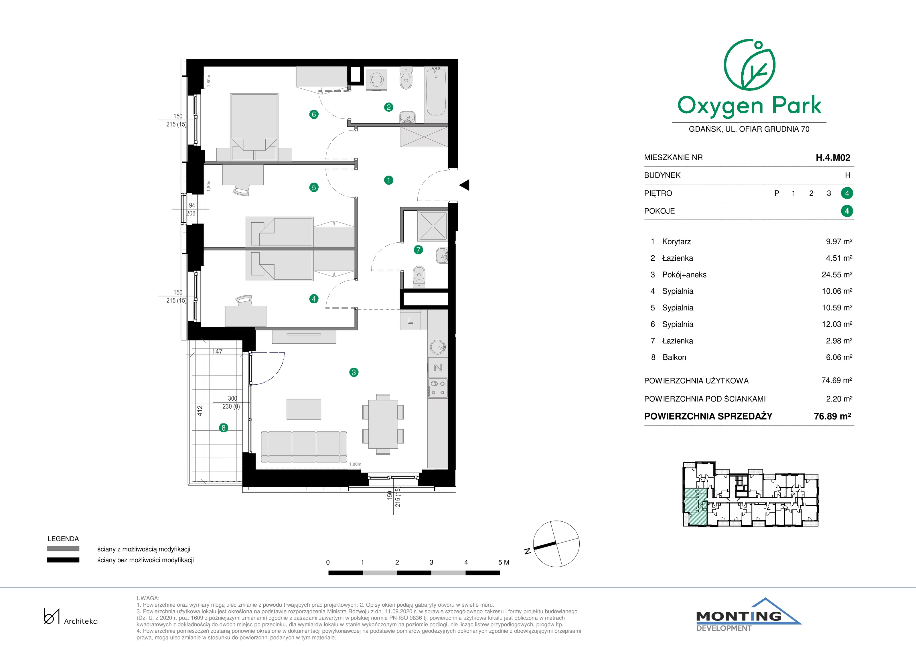 4 pokoje, mieszkanie 76,89 m², piętro 4, oferta nr H.4.M02, Oxygen Park, Gdańsk, Orunia Górna-Gdańsk Południe, ul. Erwiny Barzychowskiej