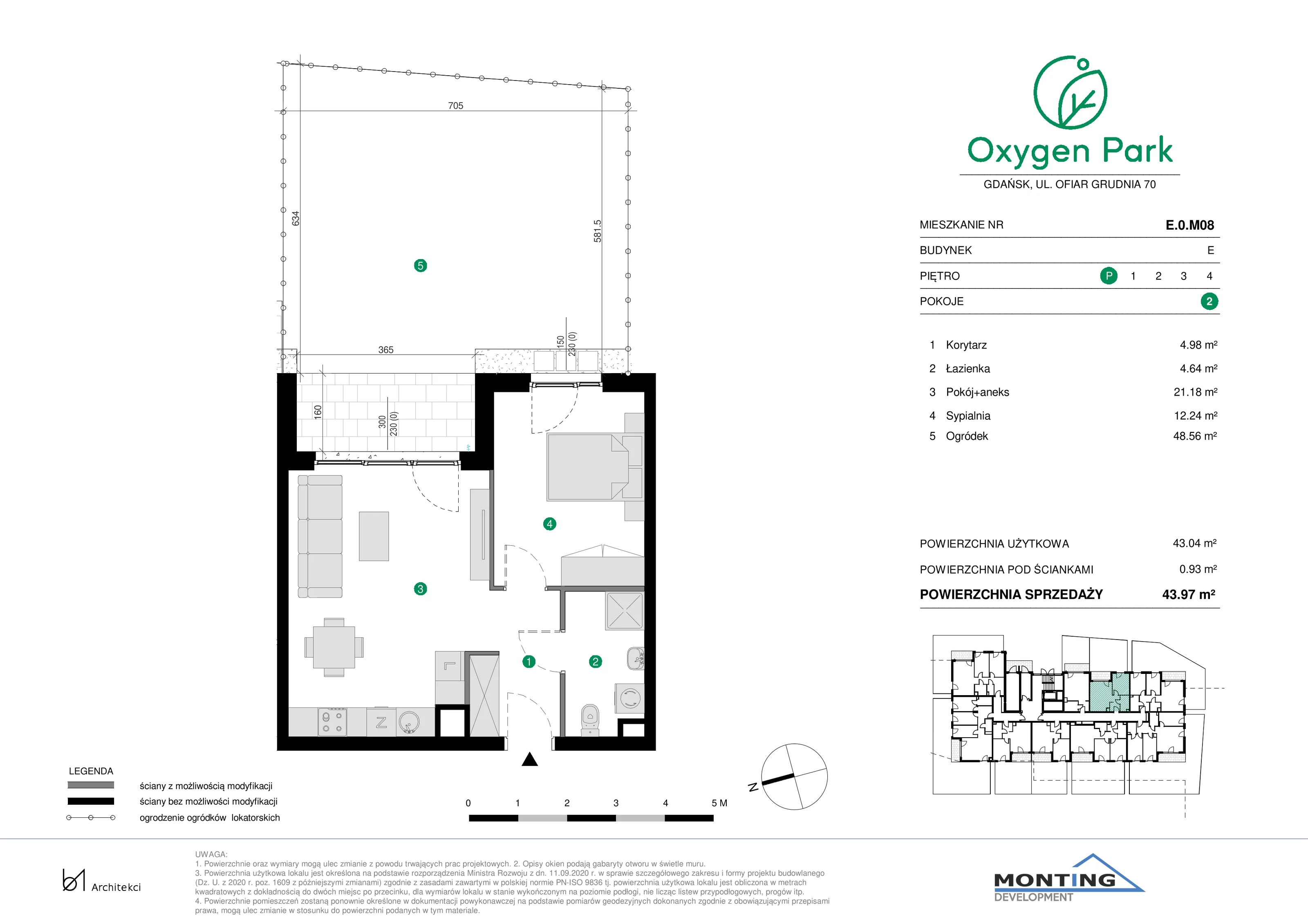 2 pokoje, mieszkanie 43,97 m², parter, oferta nr E.0.M08, Oxygen Park, Gdańsk, Orunia Górna-Gdańsk Południe, ul. Erwiny Barzychowskiej