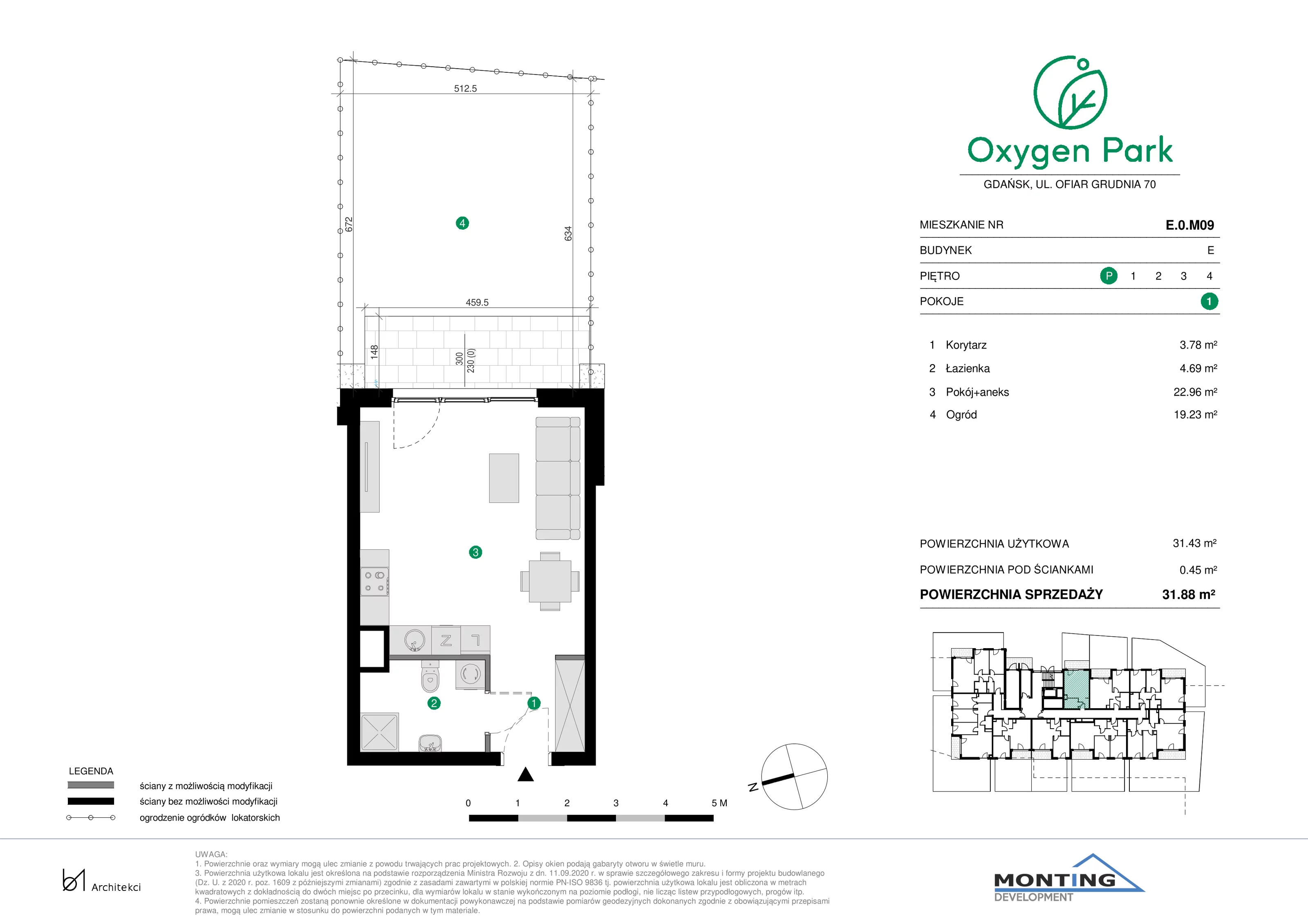 1 pokój, mieszkanie 31,88 m², parter, oferta nr E.0.M09, Oxygen Park, Gdańsk, Orunia Górna-Gdańsk Południe, ul. Erwiny Barzychowskiej