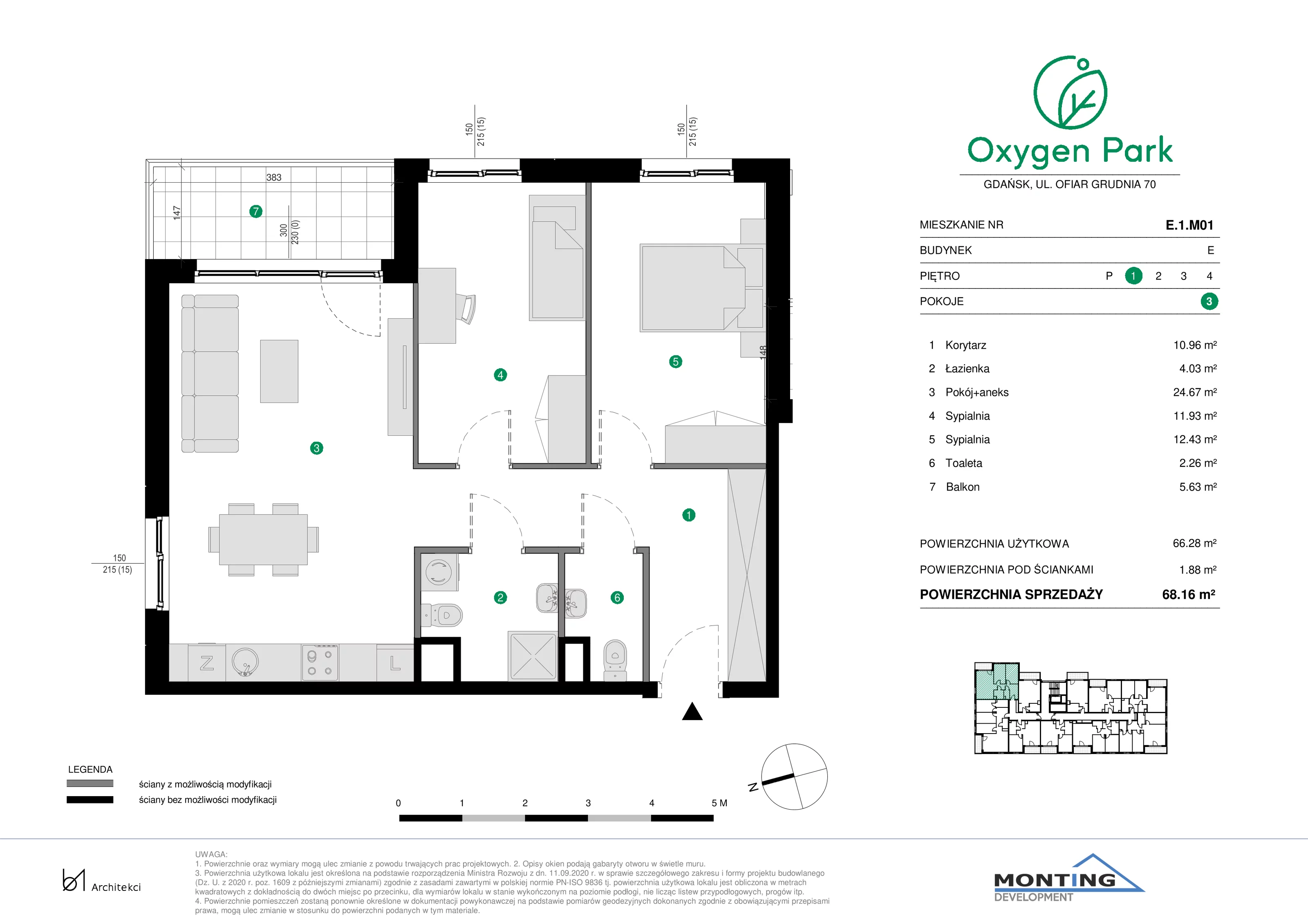 3 pokoje, mieszkanie 68,16 m², piętro 1, oferta nr E.1.M01, Oxygen Park, Gdańsk, Orunia Górna-Gdańsk Południe, ul. Erwiny Barzychowskiej
