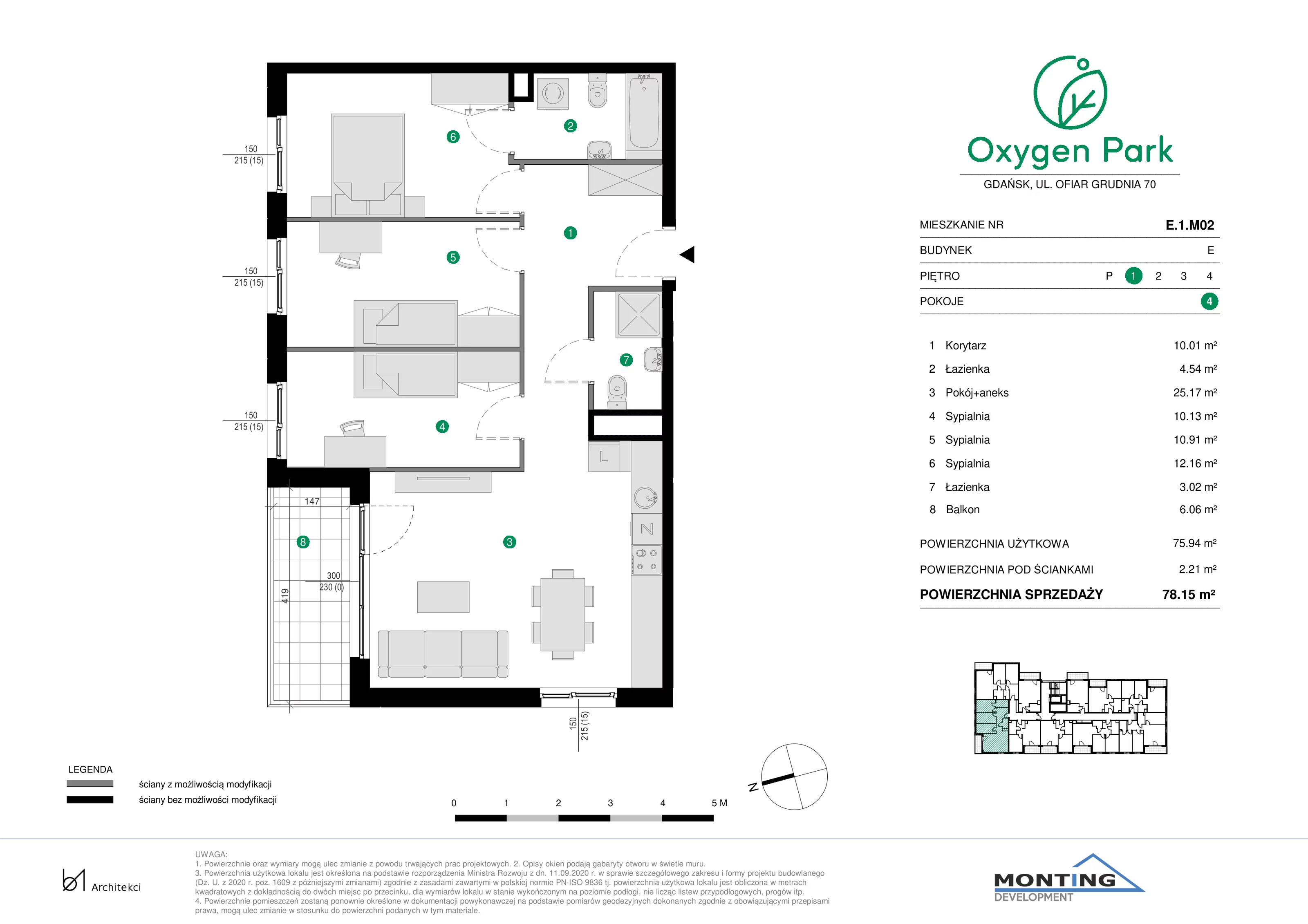 4 pokoje, mieszkanie 78,15 m², piętro 1, oferta nr E.1.M02, Oxygen Park, Gdańsk, Orunia Górna-Gdańsk Południe, ul. Erwiny Barzychowskiej