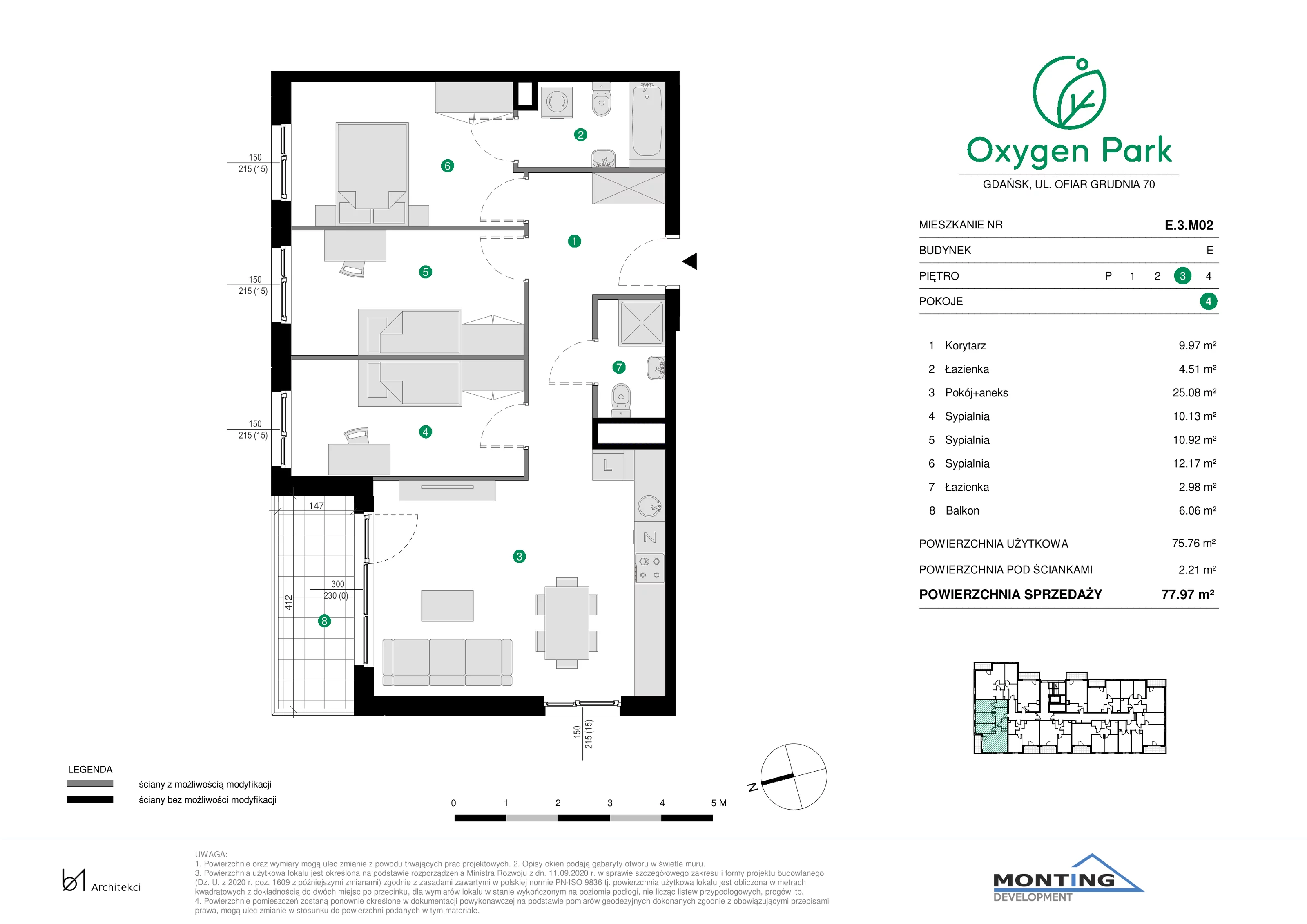 4 pokoje, mieszkanie 77,97 m², piętro 3, oferta nr E.3.M02, Oxygen Park, Gdańsk, Orunia Górna-Gdańsk Południe, ul. Erwiny Barzychowskiej