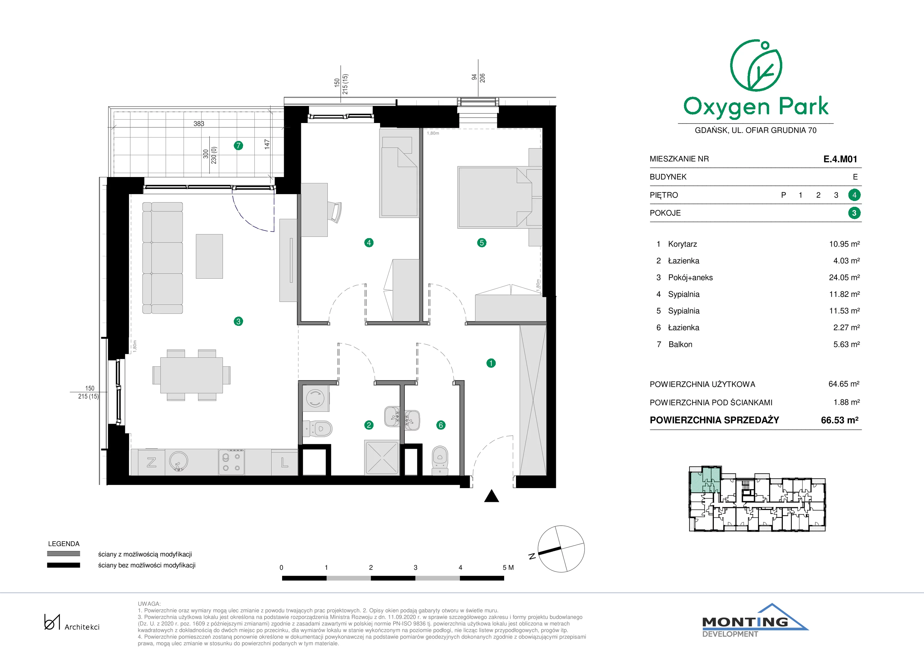 3 pokoje, mieszkanie 66,53 m², piętro 4, oferta nr E.4.M01, Oxygen Park, Gdańsk, Orunia Górna-Gdańsk Południe, ul. Erwiny Barzychowskiej