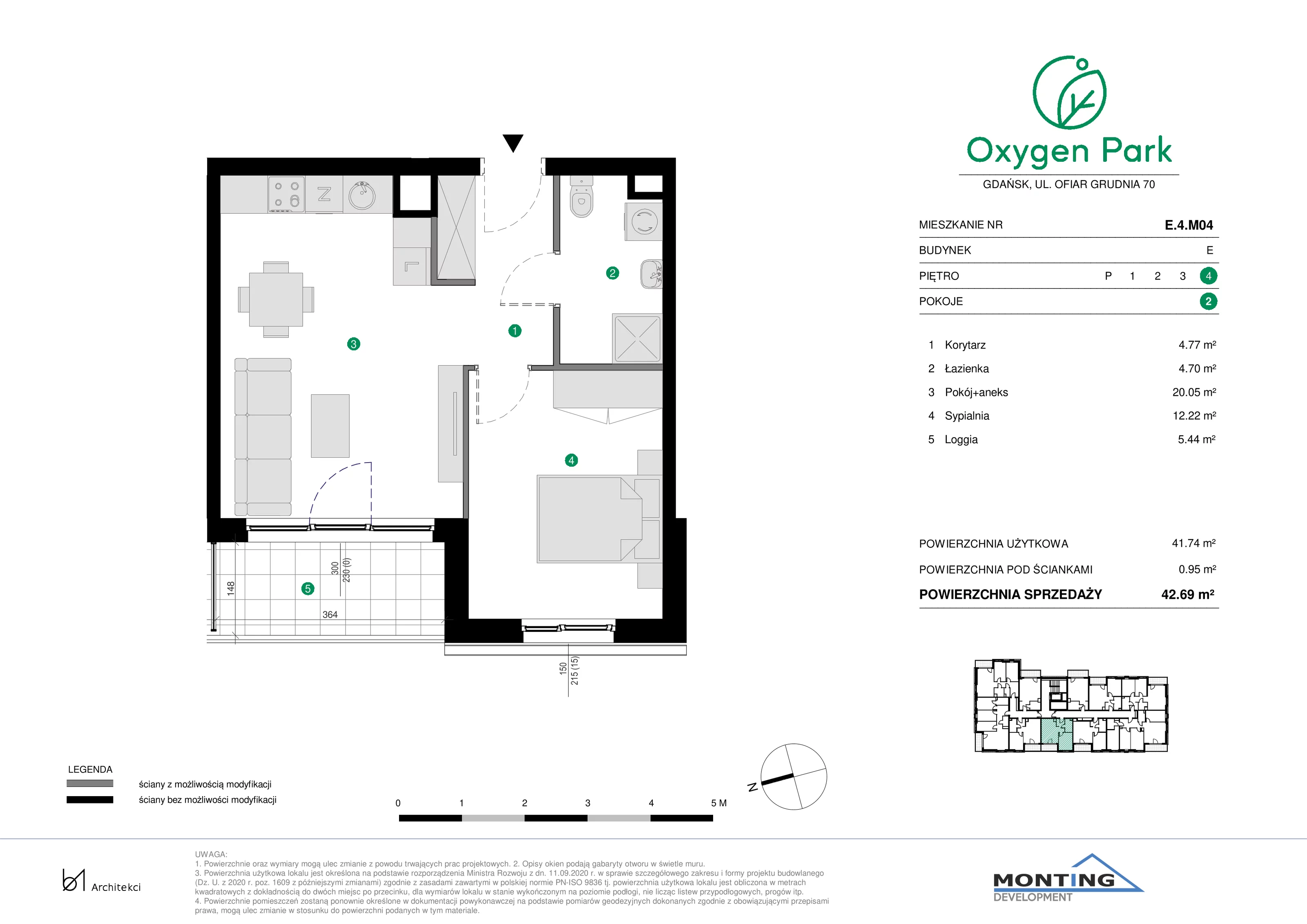 2 pokoje, mieszkanie 42,69 m², piętro 4, oferta nr E.4.M04, Oxygen Park, Gdańsk, Orunia Górna-Gdańsk Południe, ul. Erwiny Barzychowskiej