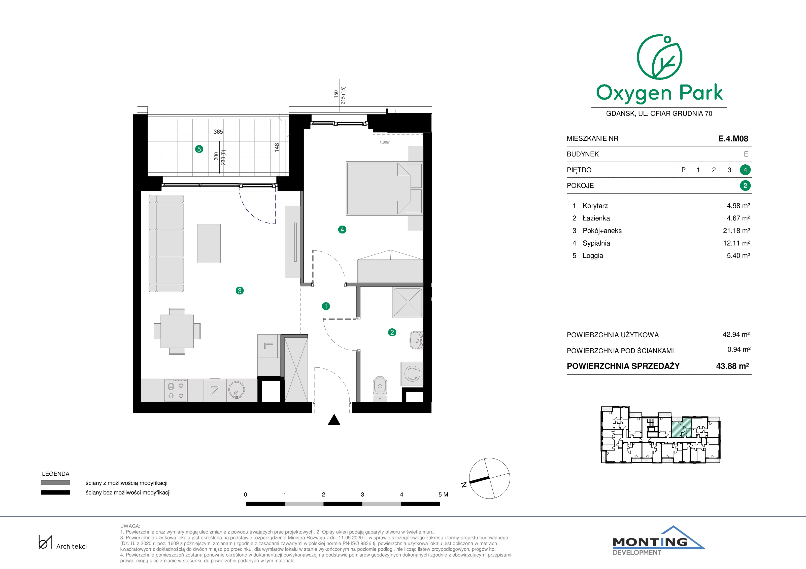 2 pokoje, mieszkanie 43,88 m², piętro 4, oferta nr E.4.M08, Oxygen Park, Gdańsk, Orunia Górna-Gdańsk Południe, ul. Erwiny Barzychowskiej