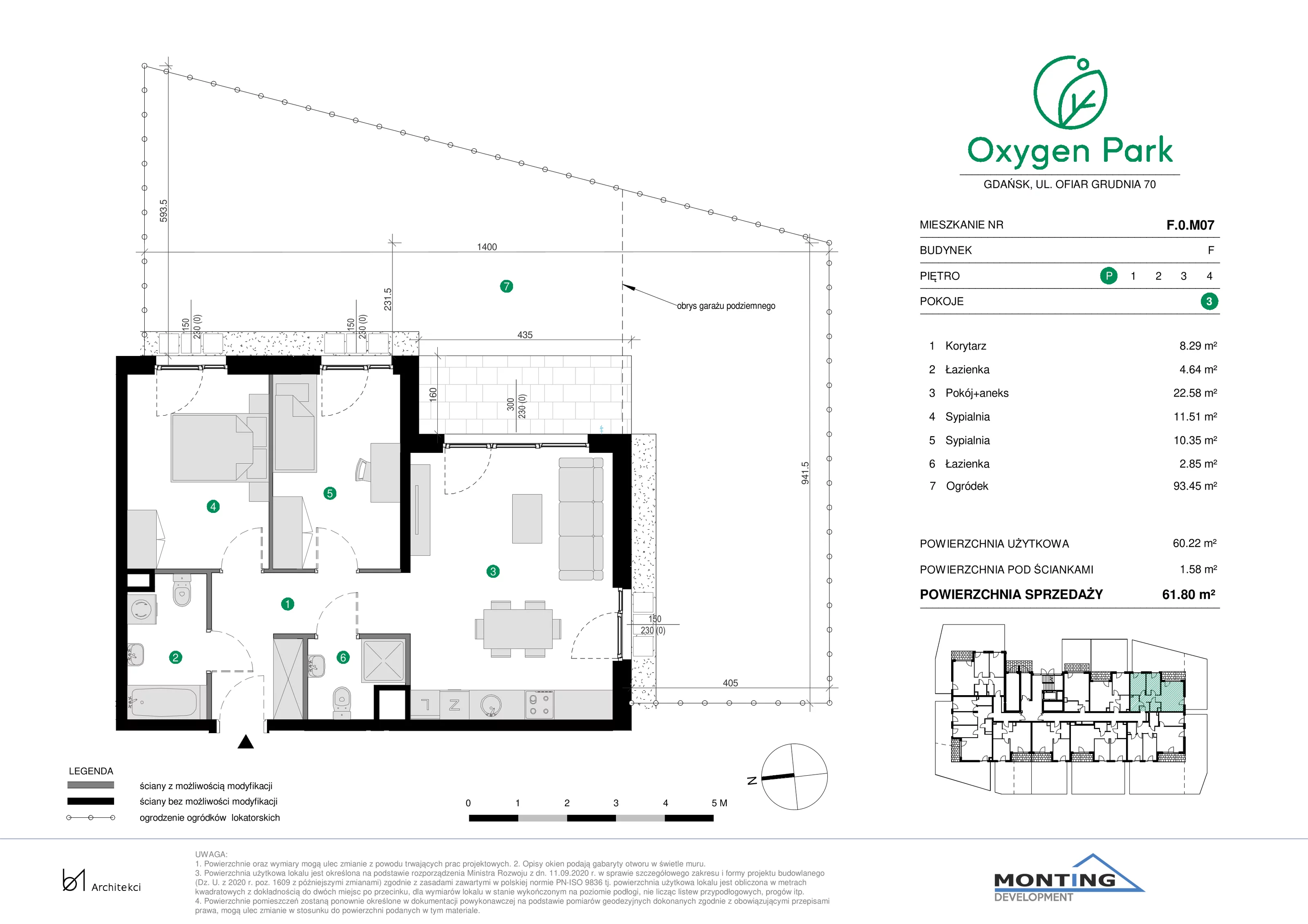 3 pokoje, mieszkanie 61,80 m², parter, oferta nr F.0.M07, Oxygen Park, Gdańsk, Orunia Górna-Gdańsk Południe, ul. Erwiny Barzychowskiej