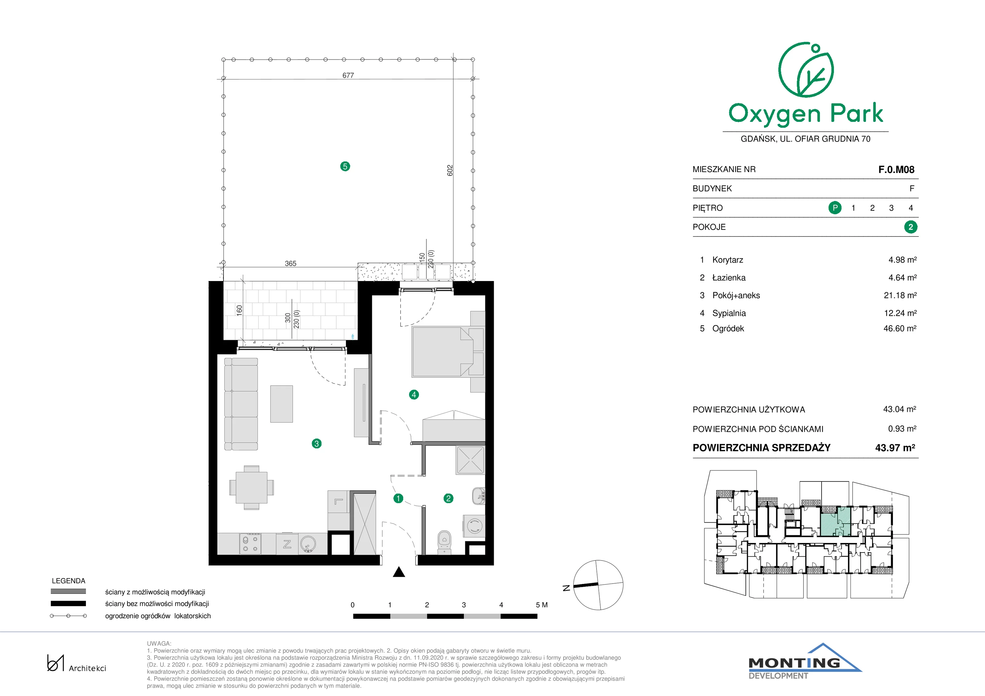 2 pokoje, mieszkanie 43,97 m², parter, oferta nr F.0.M08, Oxygen Park, Gdańsk, Orunia Górna-Gdańsk Południe, ul. Erwiny Barzychowskiej