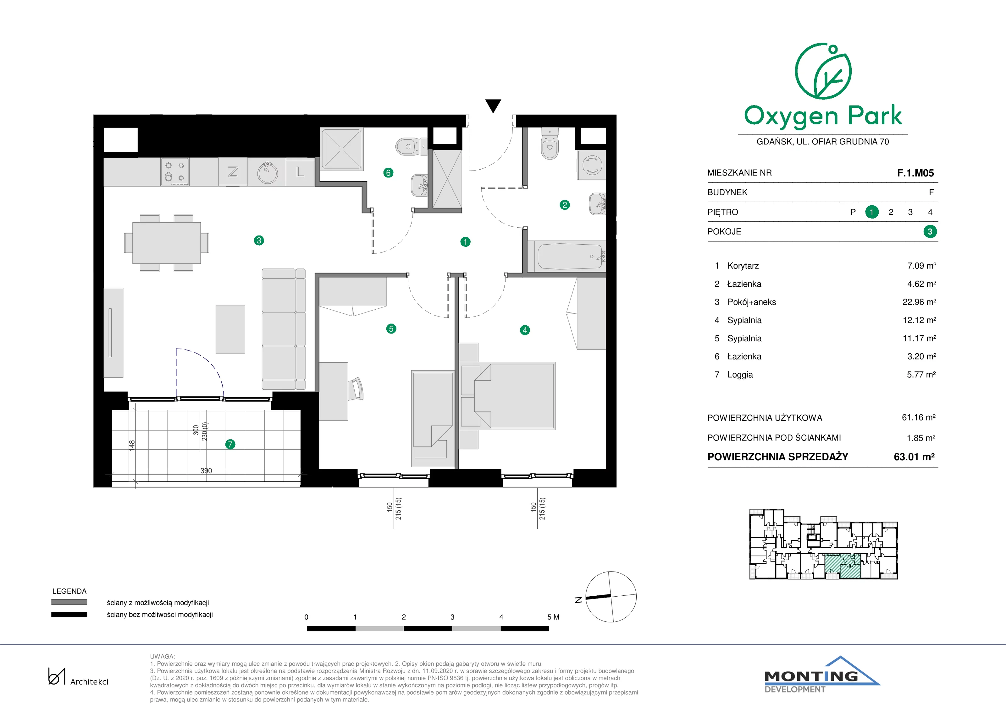 3 pokoje, mieszkanie 63,01 m², piętro 1, oferta nr F.1.M05, Oxygen Park, Gdańsk, Orunia Górna-Gdańsk Południe, ul. Erwiny Barzychowskiej