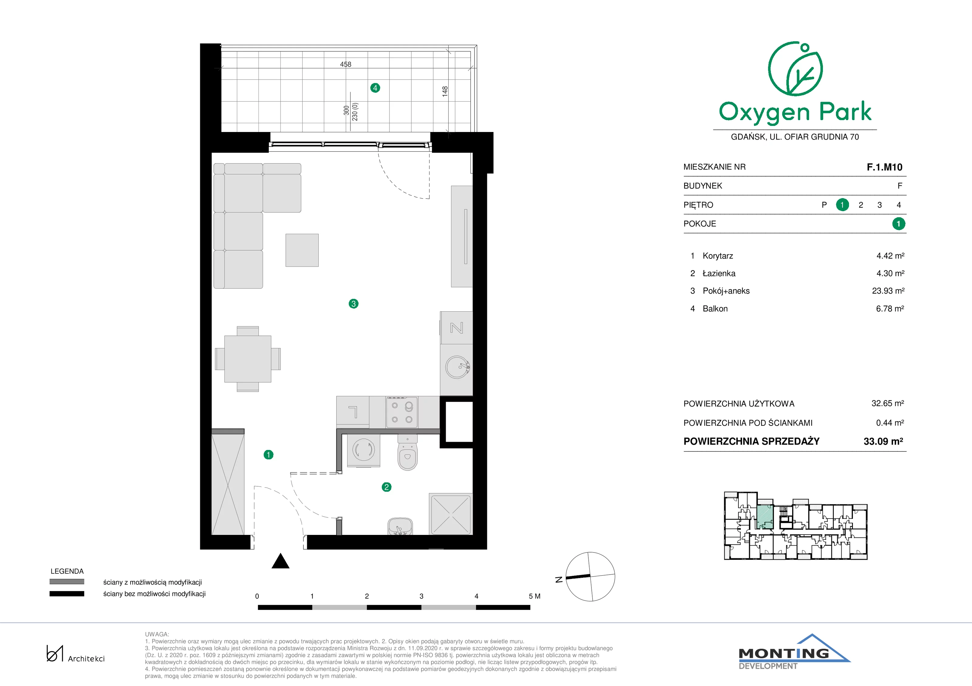 1 pokój, mieszkanie 33,09 m², piętro 1, oferta nr F.1.M10, Oxygen Park, Gdańsk, Orunia Górna-Gdańsk Południe, ul. Erwiny Barzychowskiej